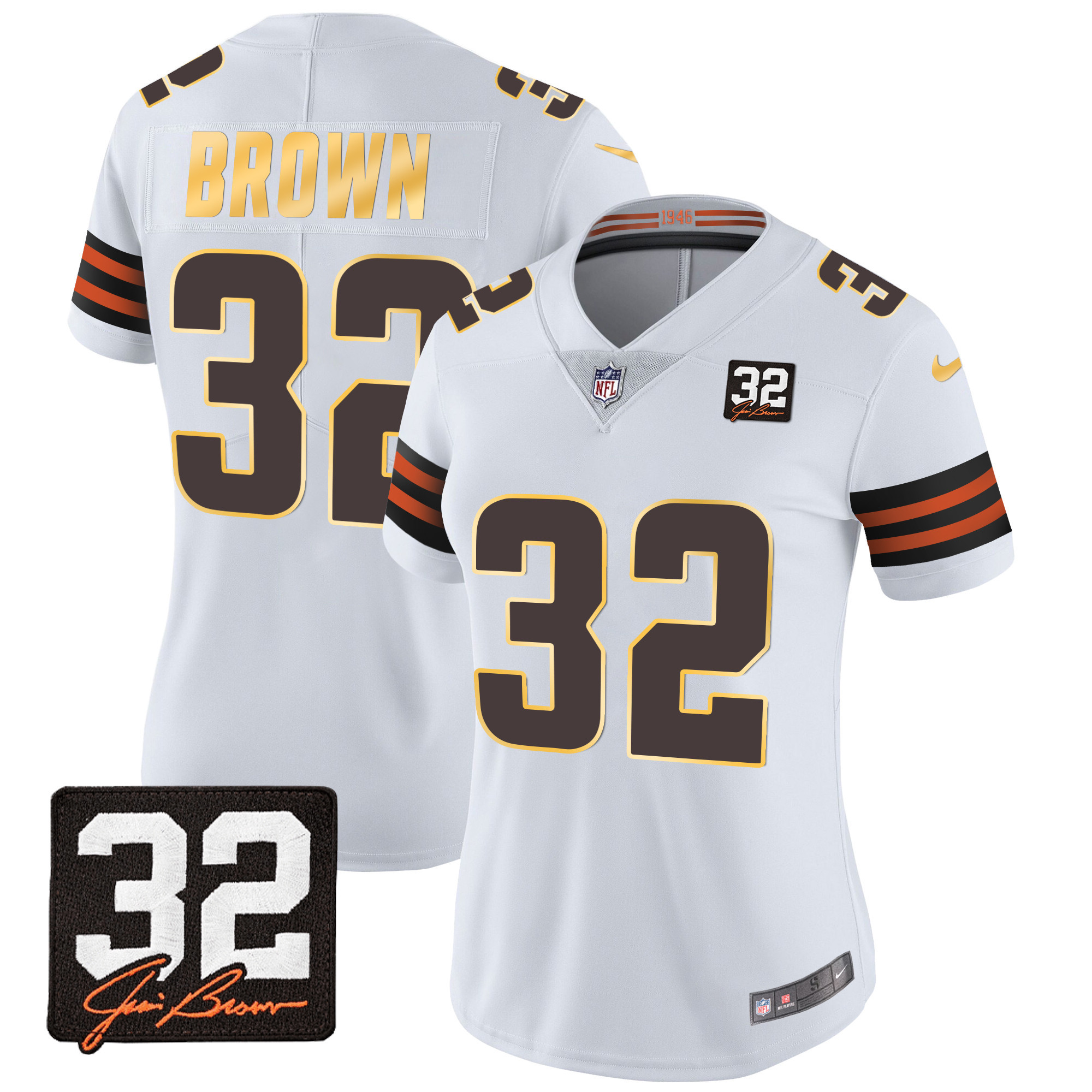 Jim Brown Women's Cleveland Browns #32 Jim Brown Memorial Patch Gold Trim White Jersey - All Stitched