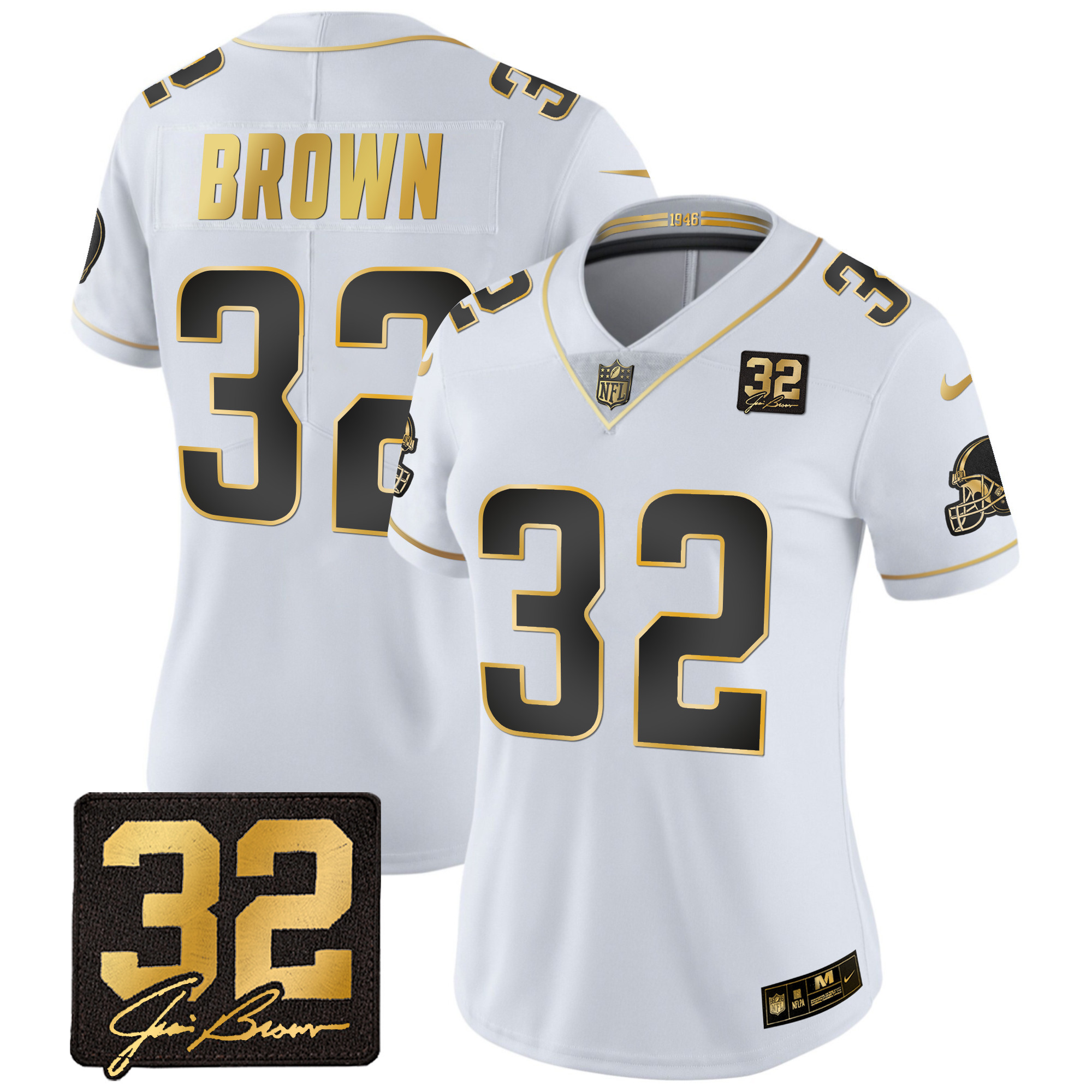 Jim Brown Women's Cleveland Browns #32 Jim Brown Memorial Patch Gold White Gold Jersey - All Stitched