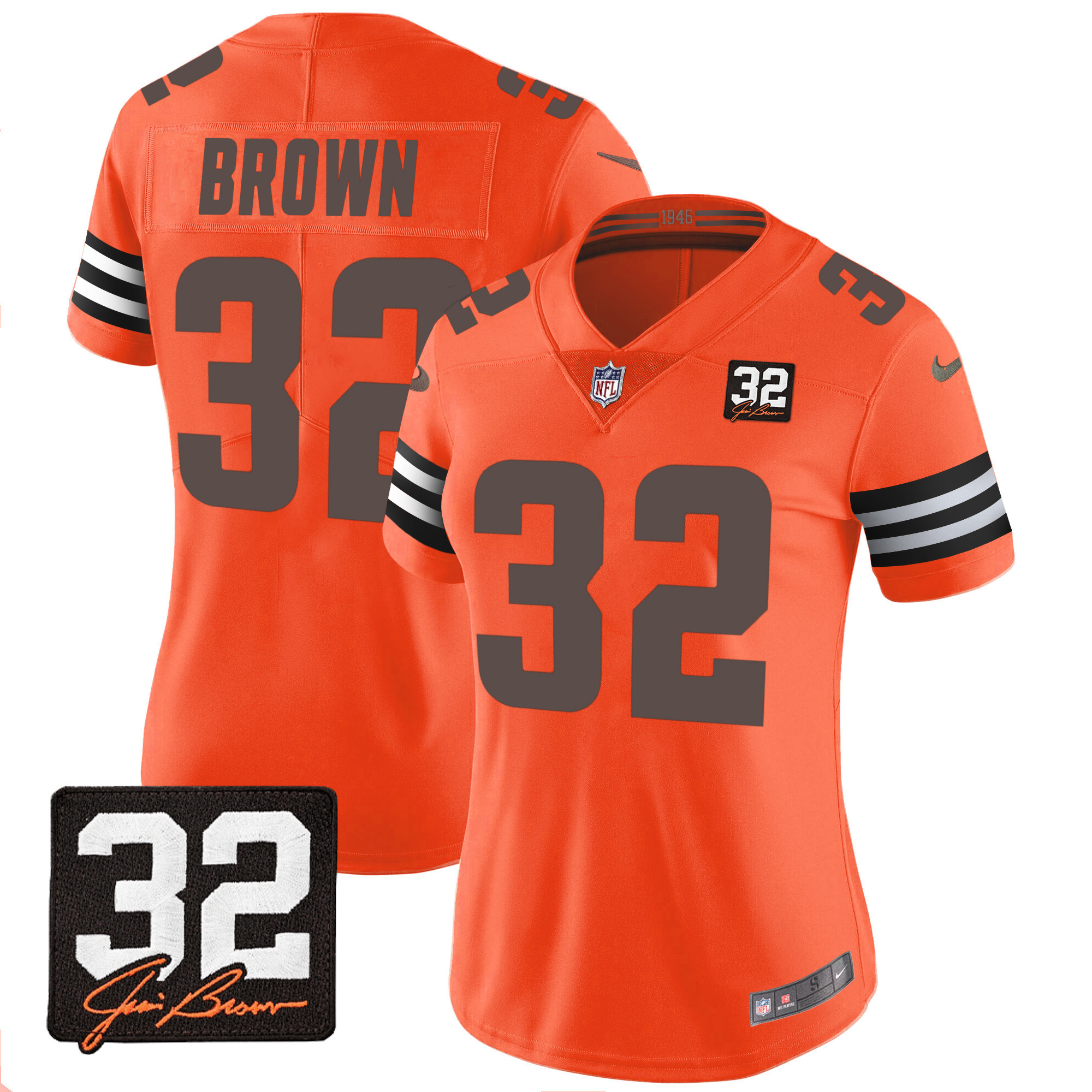 Jim Brown Women's Cleveland Browns #32 Jim Brown Memorial Patch Orange Jersey - All Stitched