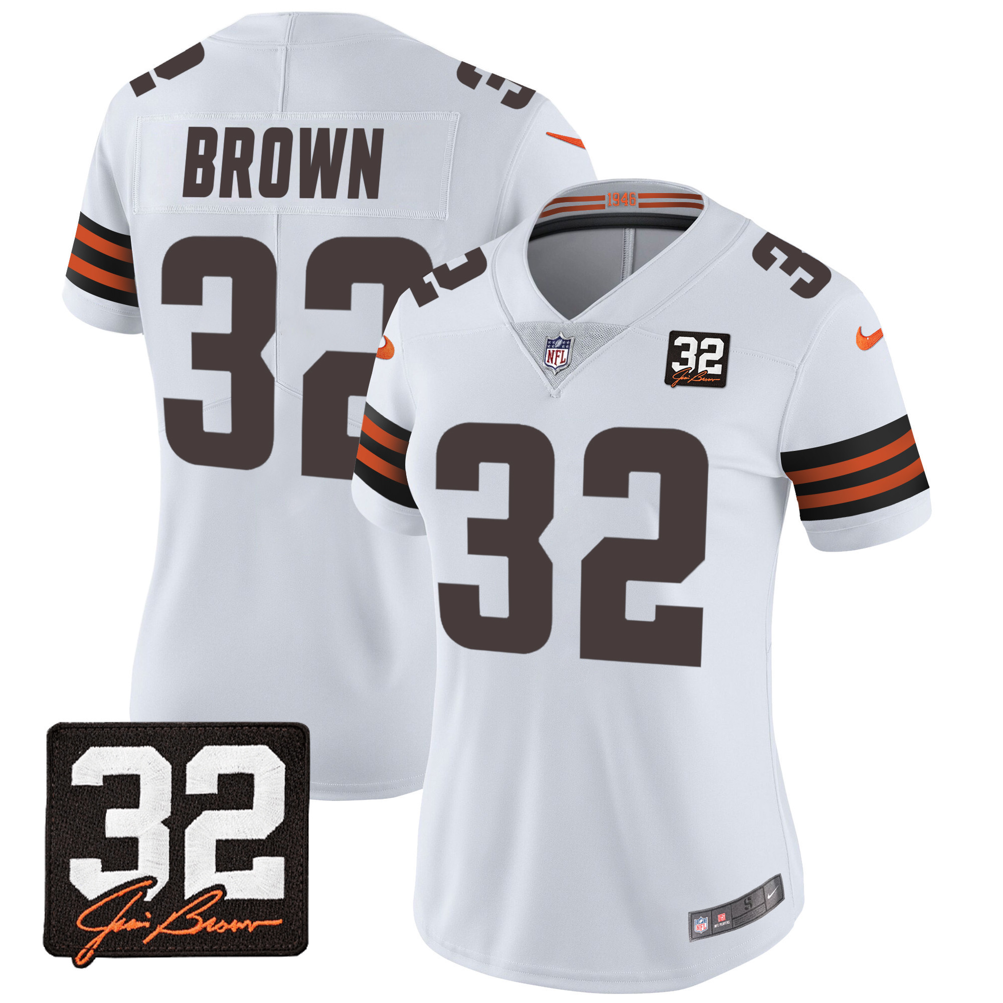 Jim Brown Women's Cleveland Browns #32 Jim Brown Memorial Patch White Jersey - All Stitched