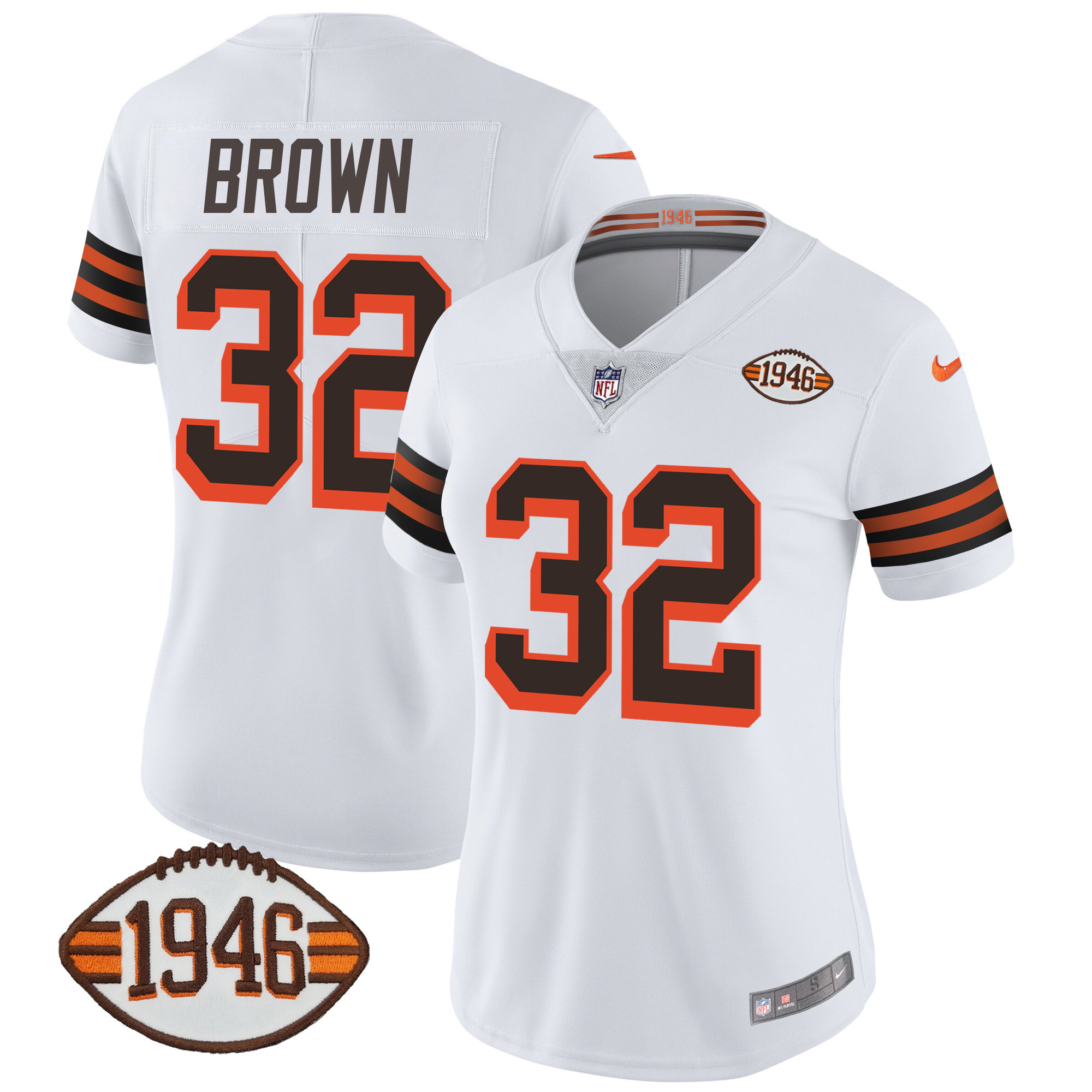 Jim Brown Women's Cleveland Browns 1946 75th Anniversary Patch 1946 White Jersey - All Stitched