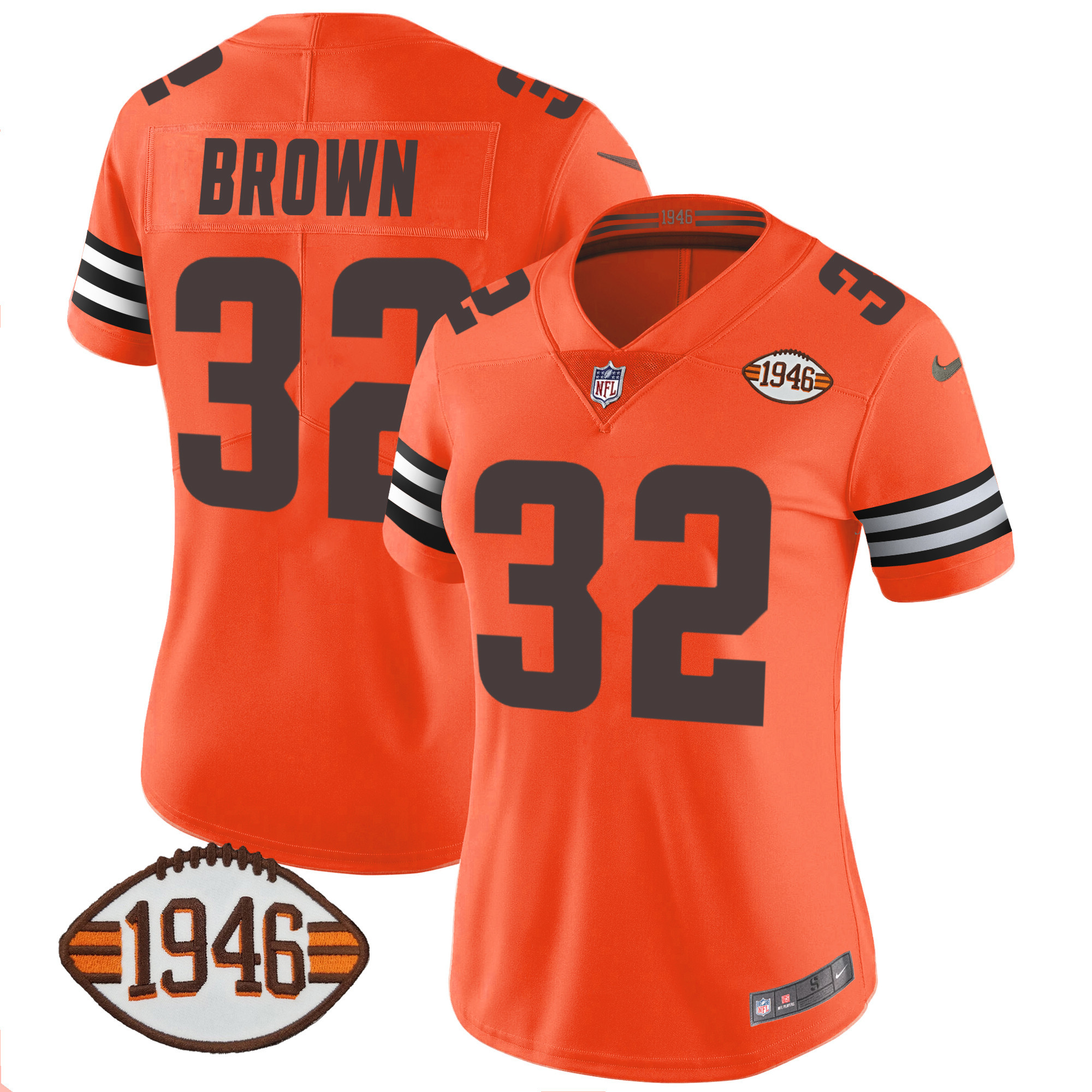 Jim Brown Women's Cleveland Browns 1946 75th Anniversary Patch Orange Jersey - All Stitched