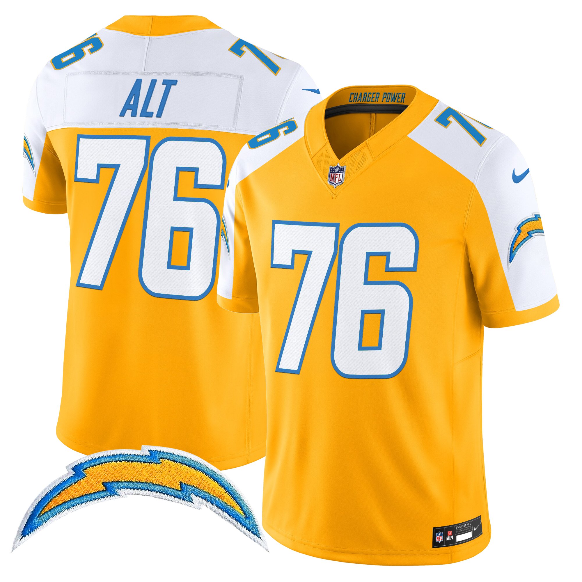 Joe Alt Men's Los Angeles Chargers 2025 Alternate Charger Power Vapor Limited Gold Alternate Jersey - All Stitched