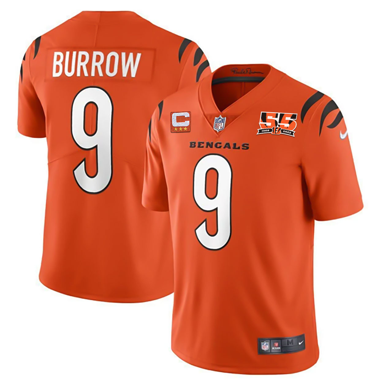 Joe Burrow Men's Cincinnati Bengals 55th 1968 - 2022 Anniversary Patch Player Vapor Limited Orange Jersey - All Stitched