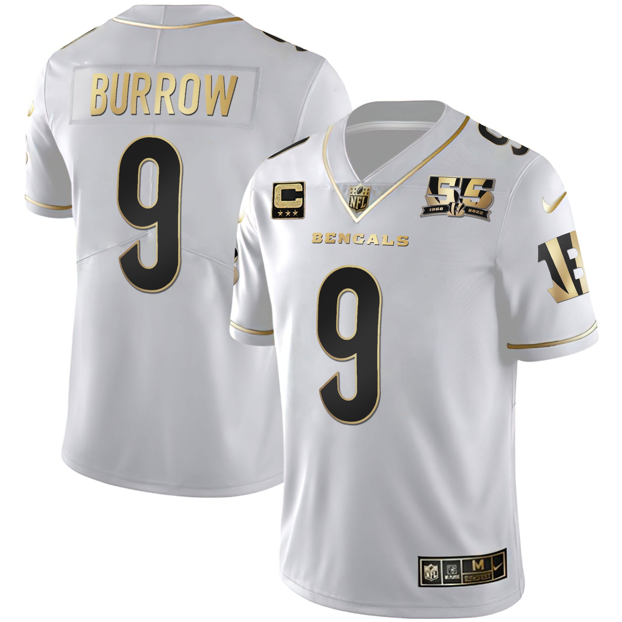 Joe Burrow Men's Cincinnati Bengals 55th 1968 - 2022 Anniversary Patch White Gold & Black Gold White Gold Jersey - All Stitched