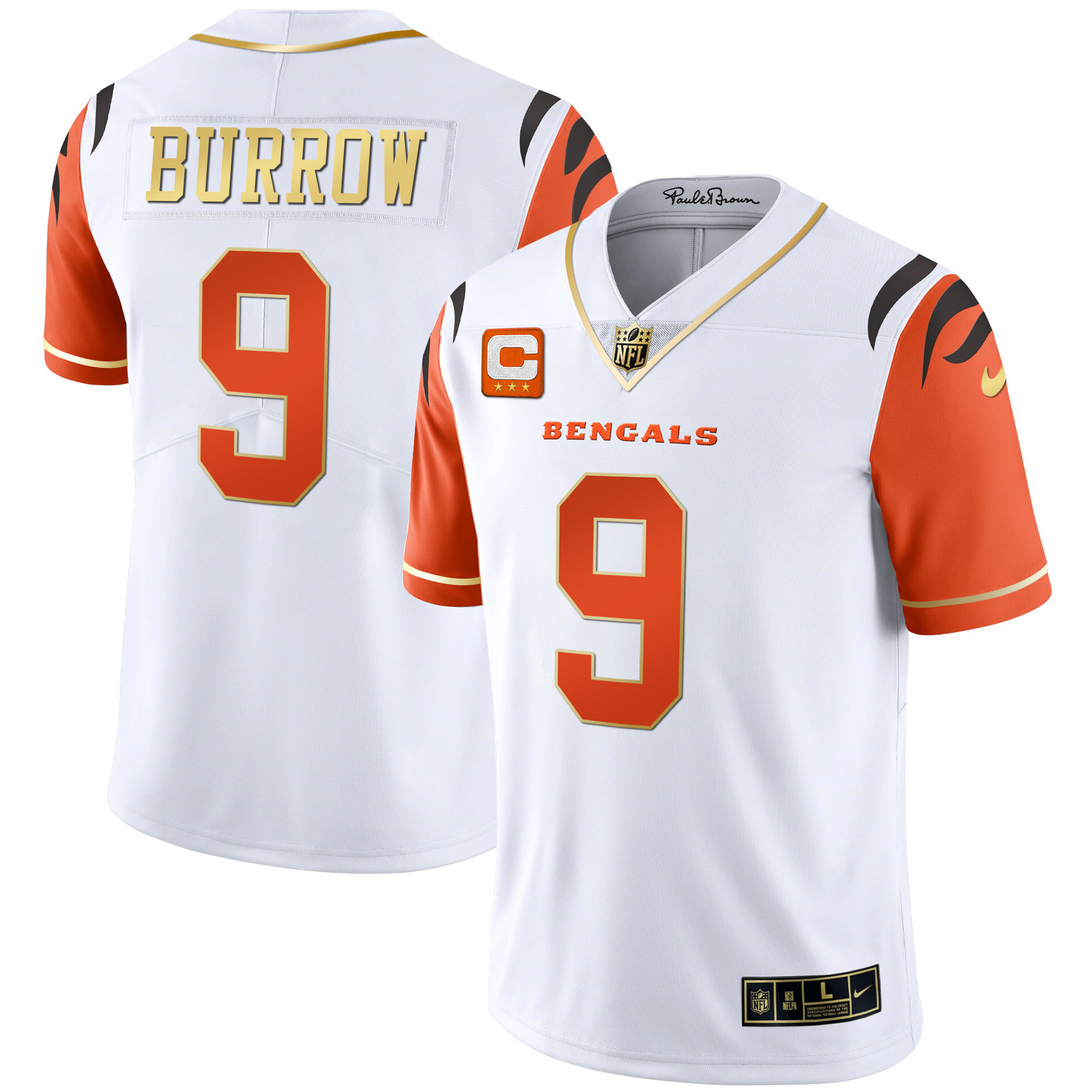 Joe Burrow Men's Cincinnati Bengals Black Gold & White Gold Vapor Sleeves Limited Jersey - All Stitched