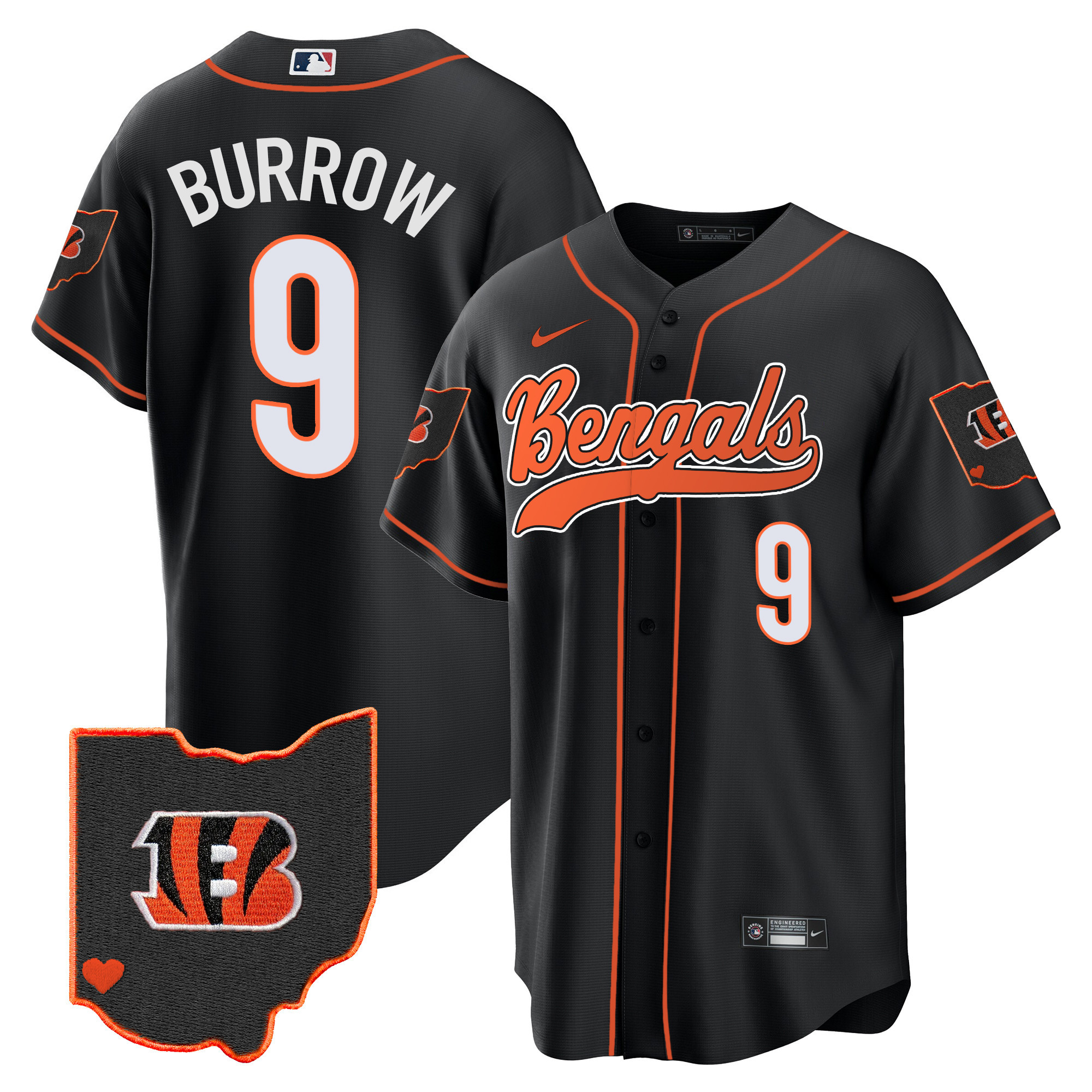 Joe Burrow Men's Cincinnati Bengals Ohio Patch Baseball Black Jersey - All Stitched