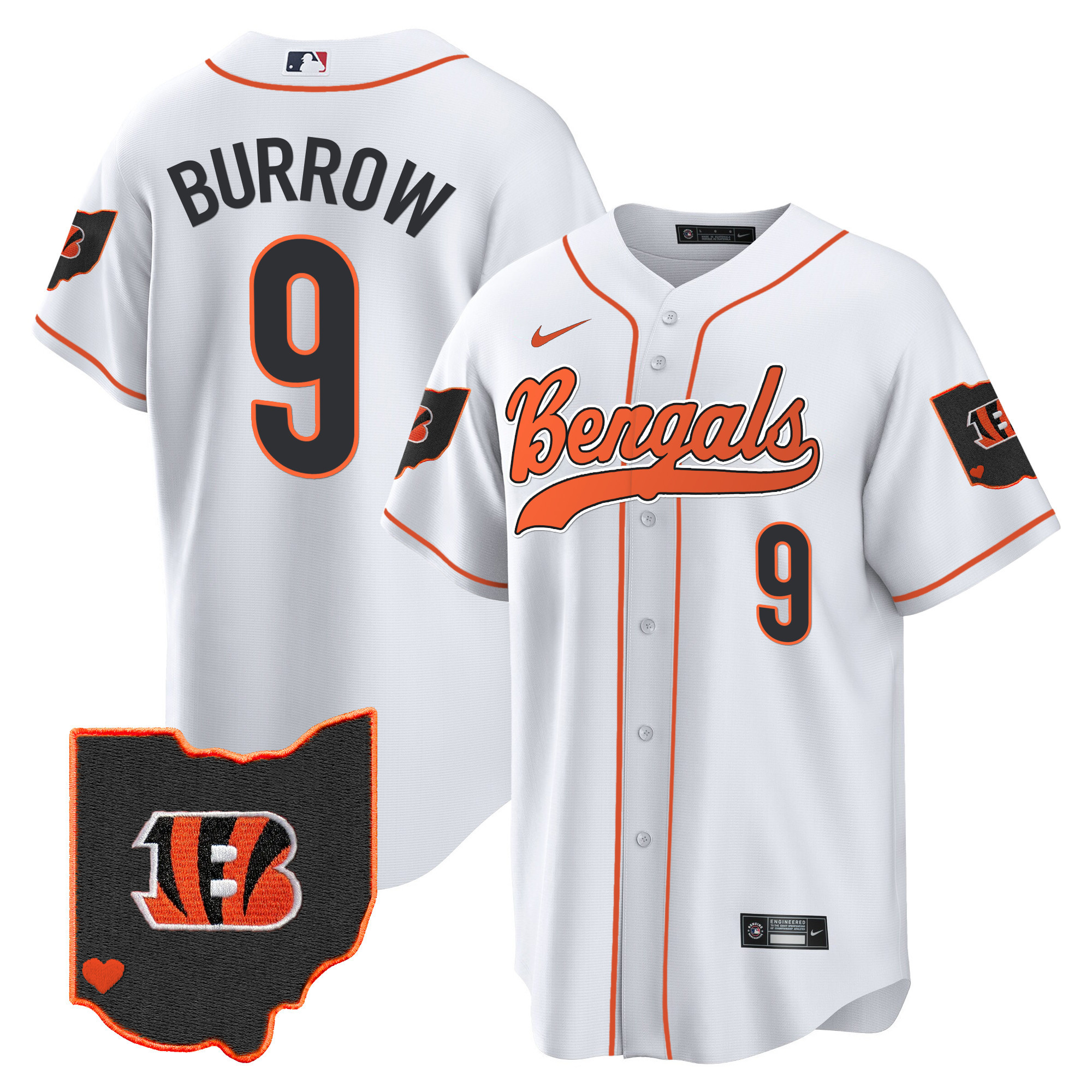 Joe Burrow Men's Cincinnati Bengals Ohio Patch Baseball White Jersey - All Stitched