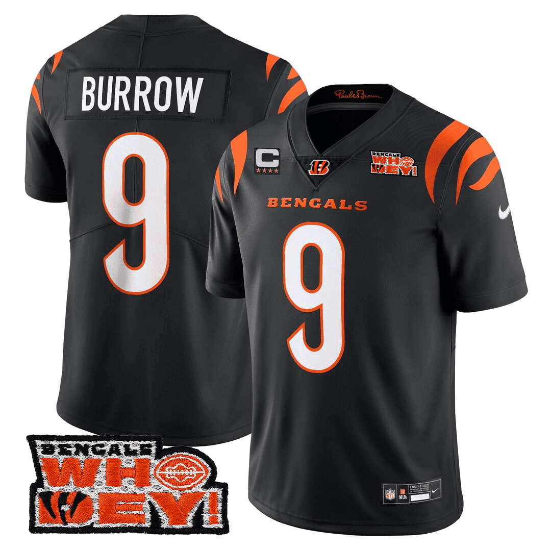 Joe Burrow Men's Cincinnati Bengals Who Dey Patch Black Jersey - All Stitched
