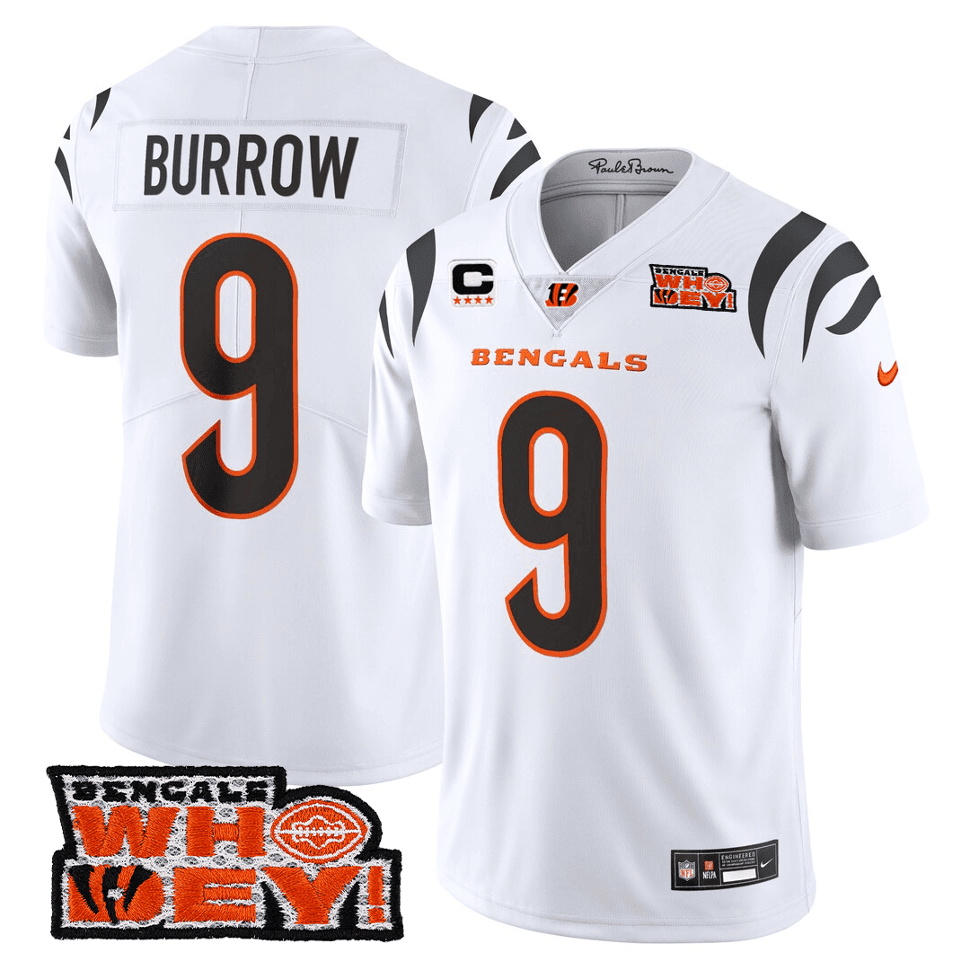 Joe Burrow Men's Cincinnati Bengals Who Dey Patch White Jersey - All Stitched