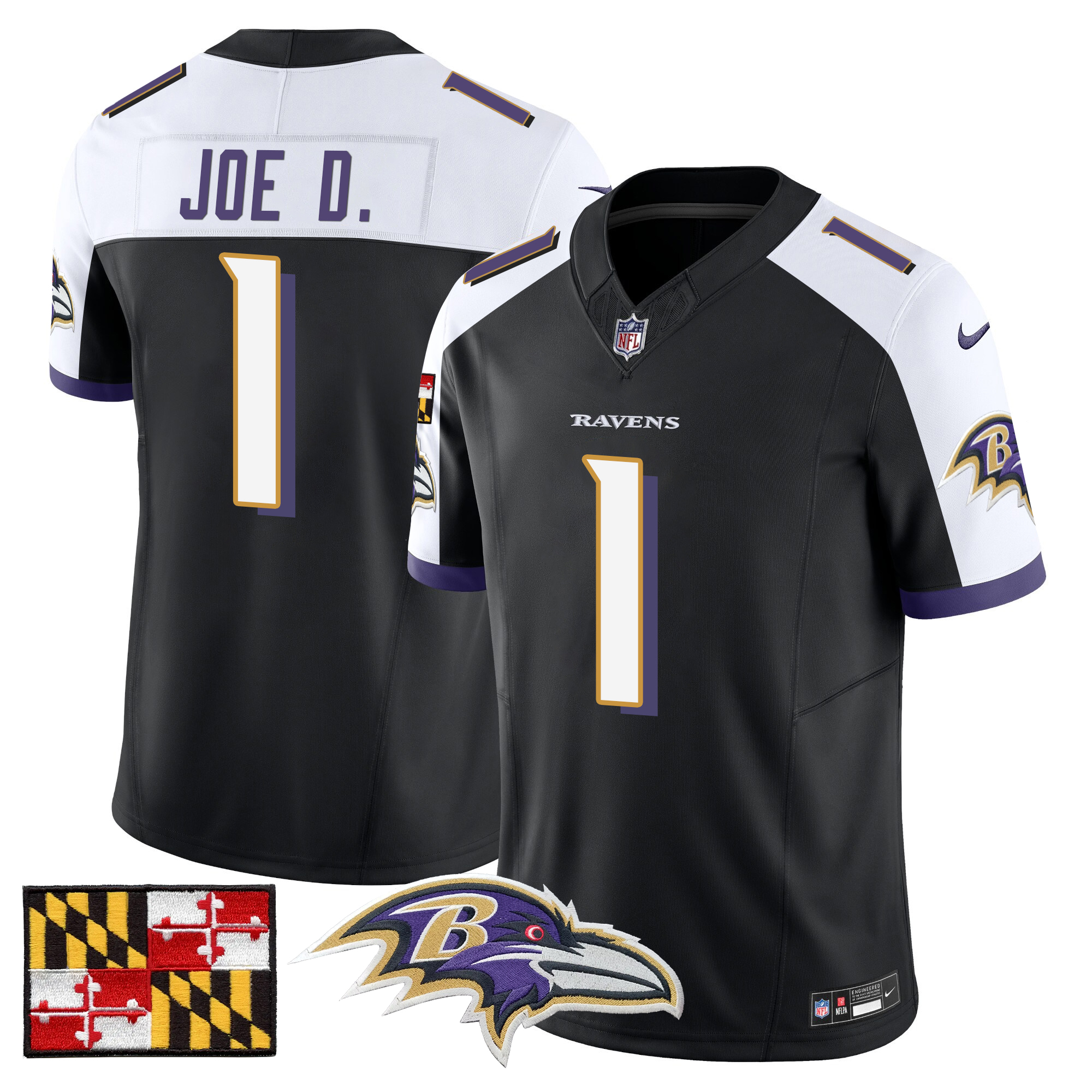 Joe D Men's Baltimore Ravens 2024 Maryland Flag Vapor Limited Black Alternate Jersey - All Stitched