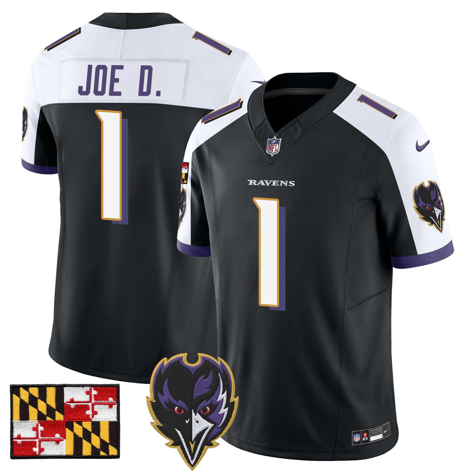 Joe D Men's Baltimore Ravens 2024 Maryland Flag Vapor Limited Black Alternate Jersey - All Stitched