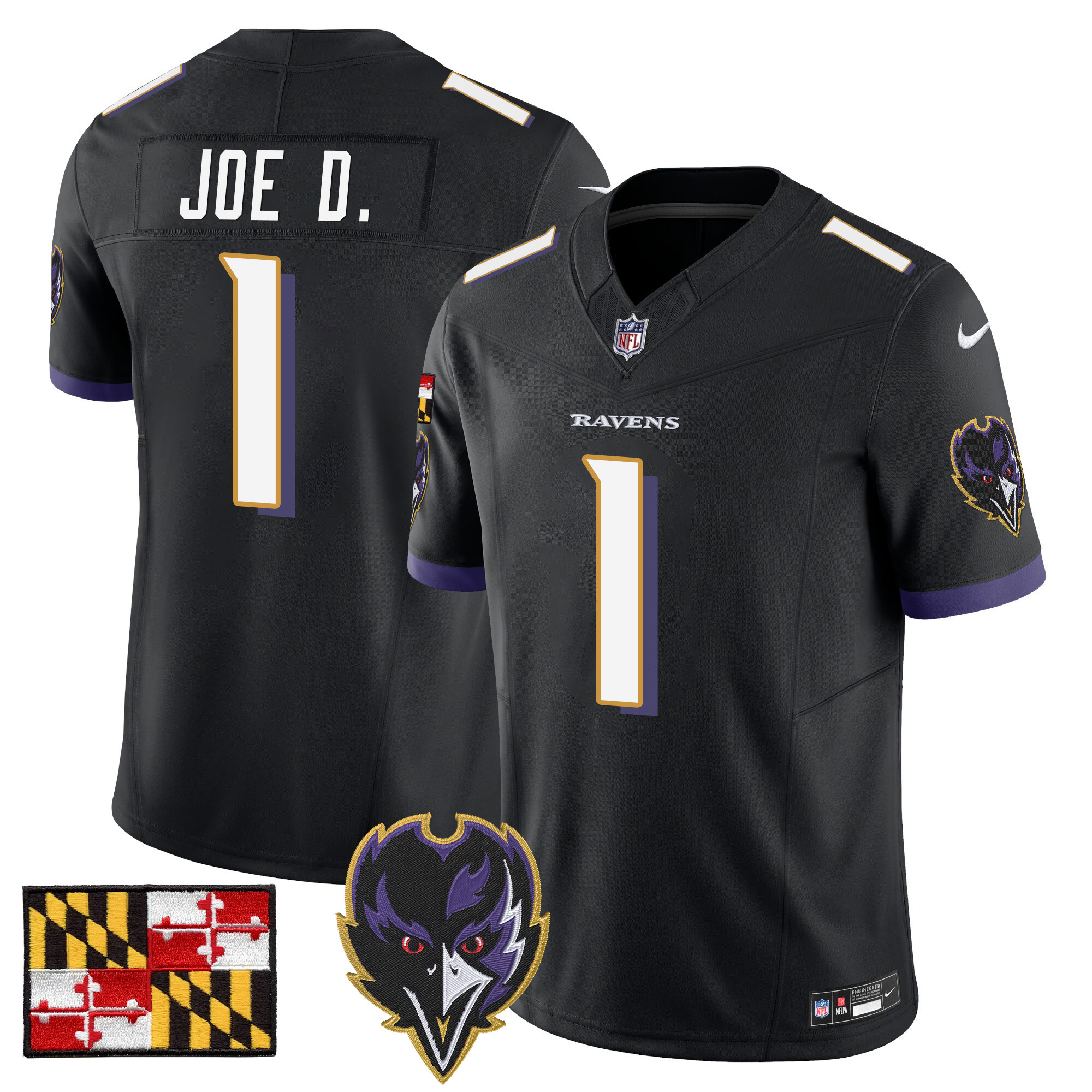 Joe D Men's Baltimore Ravens 2024 Maryland Flag Vapor Limited Black Jersey - All Stitched