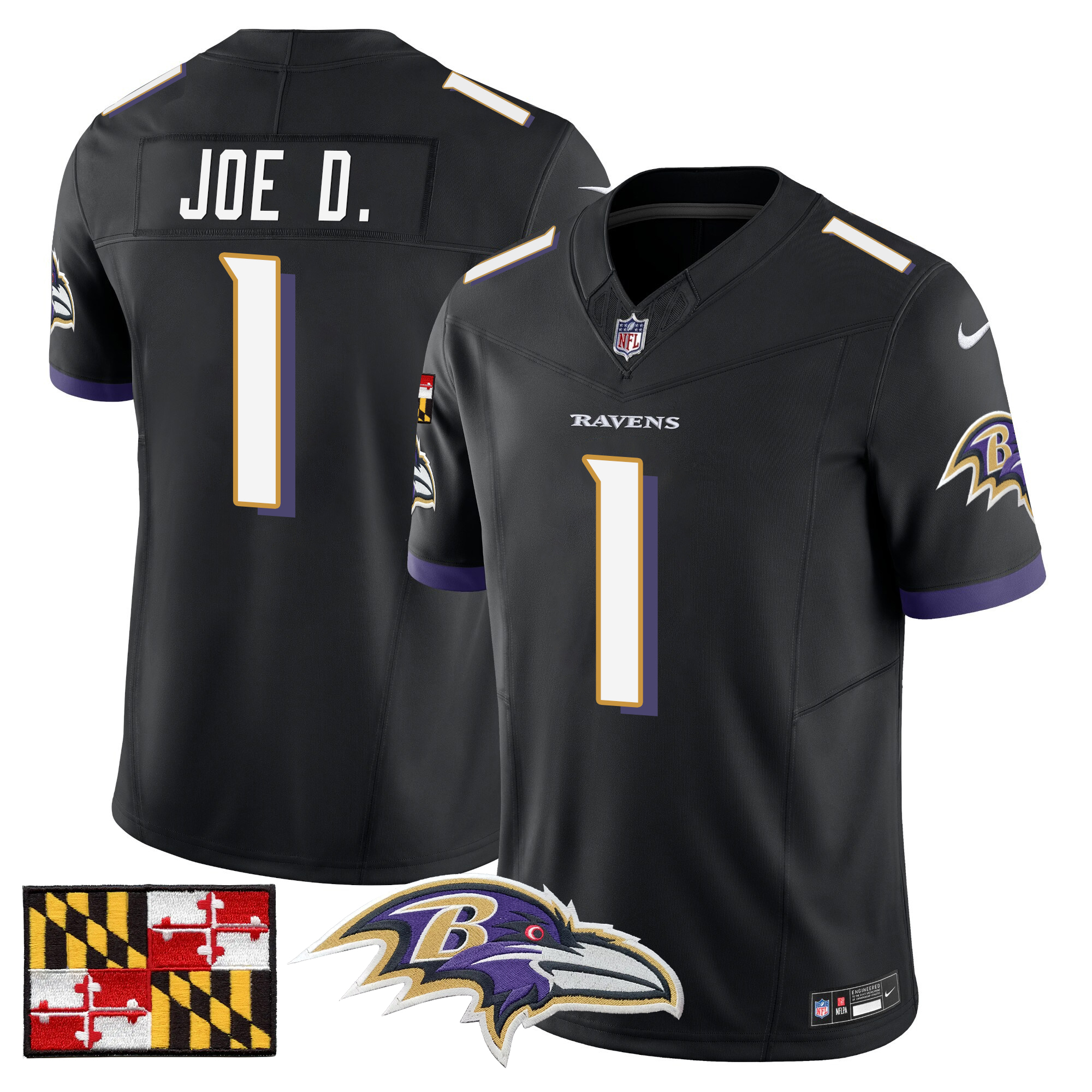 Joe D Men's Baltimore Ravens 2024 Maryland Flag Vapor Limited Black Jersey - All Stitched