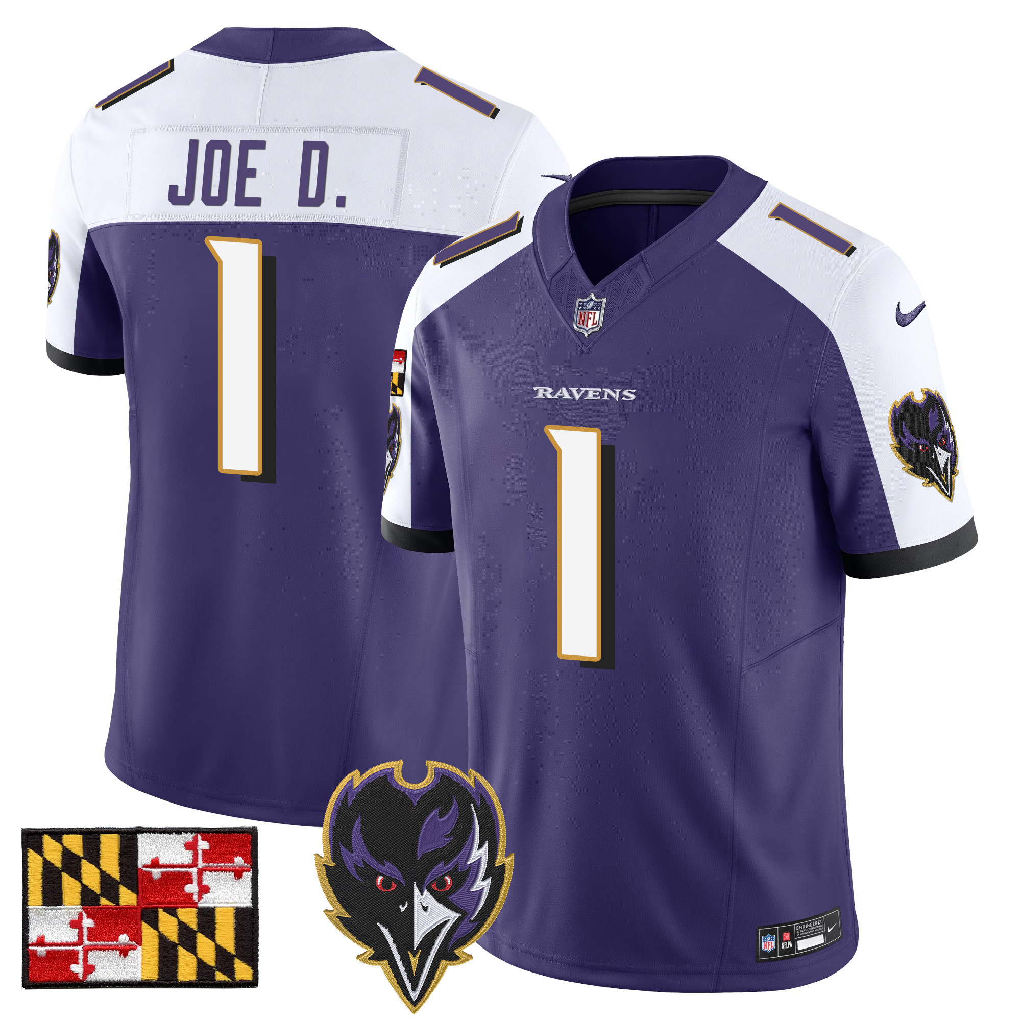 Joe D Men's Baltimore Ravens 2024 Maryland Flag Vapor Limited Purple Alternate Jersey - All Stitched