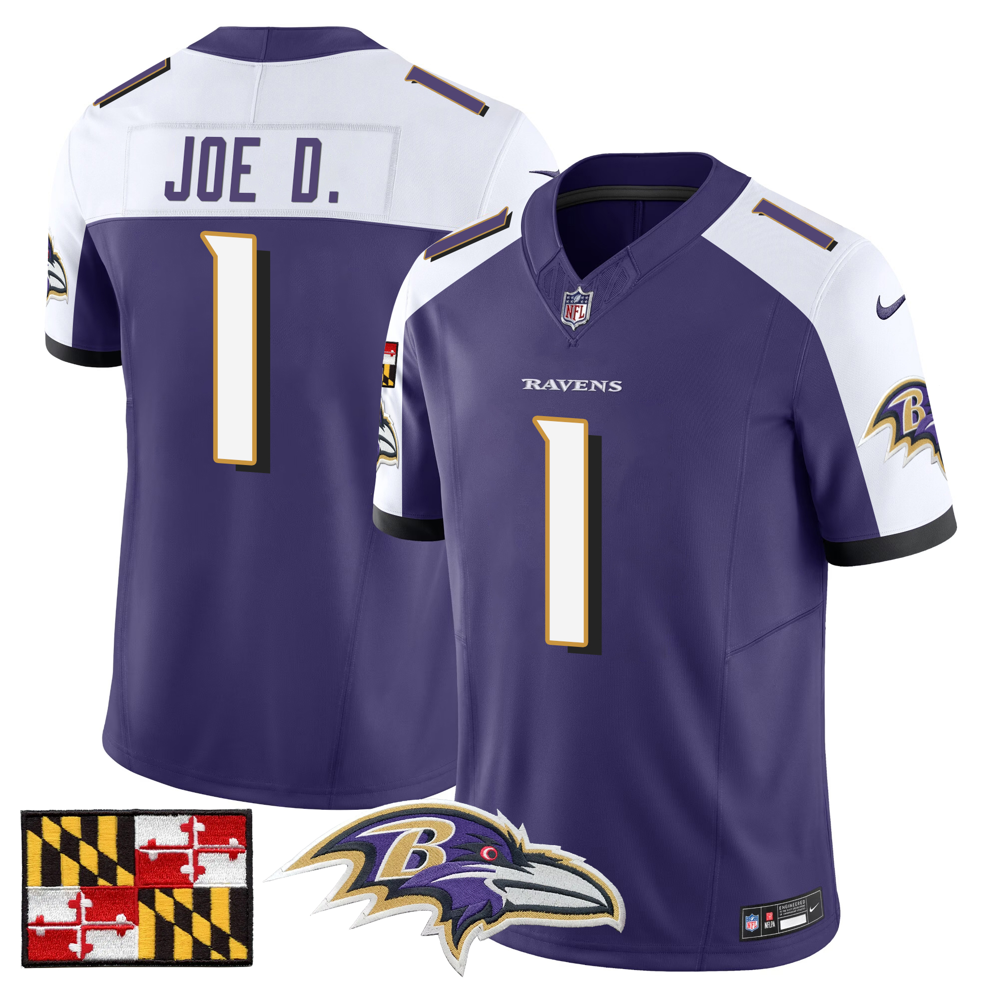 Joe D Men's Baltimore Ravens 2024 Maryland Flag Vapor Limited Purple Alternate Jersey - All Stitched