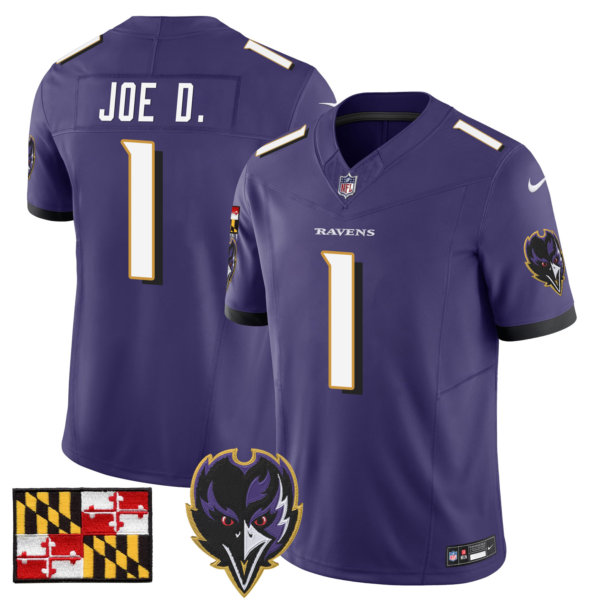 Joe D Men's Baltimore Ravens 2024 Maryland Flag Vapor Limited Purple Jersey - All Stitched