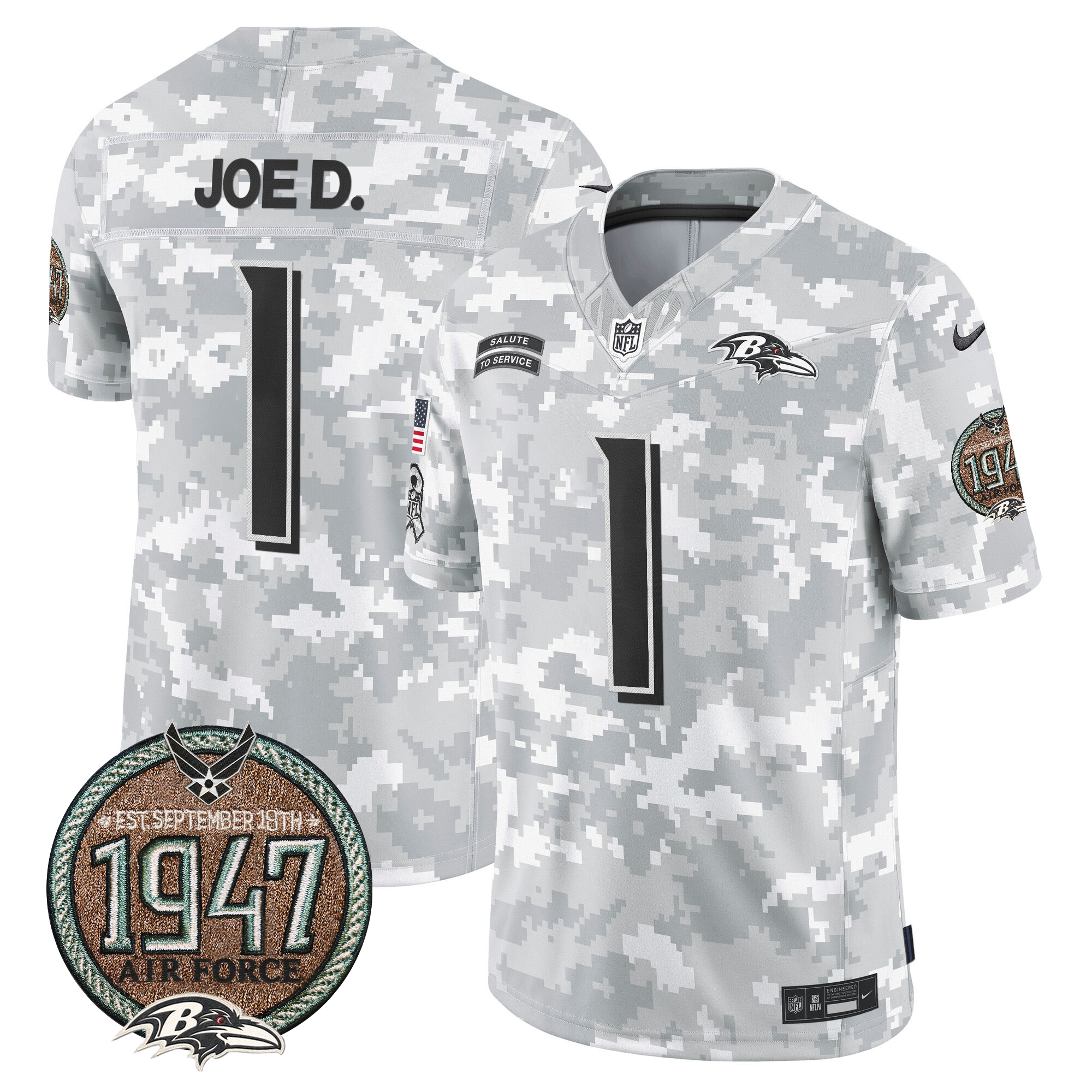 Joe D Men's Baltimore Ravens 2024 Salute to Service Establishment Year Patch Vapor Limited Air Force Jersey - All Stitched