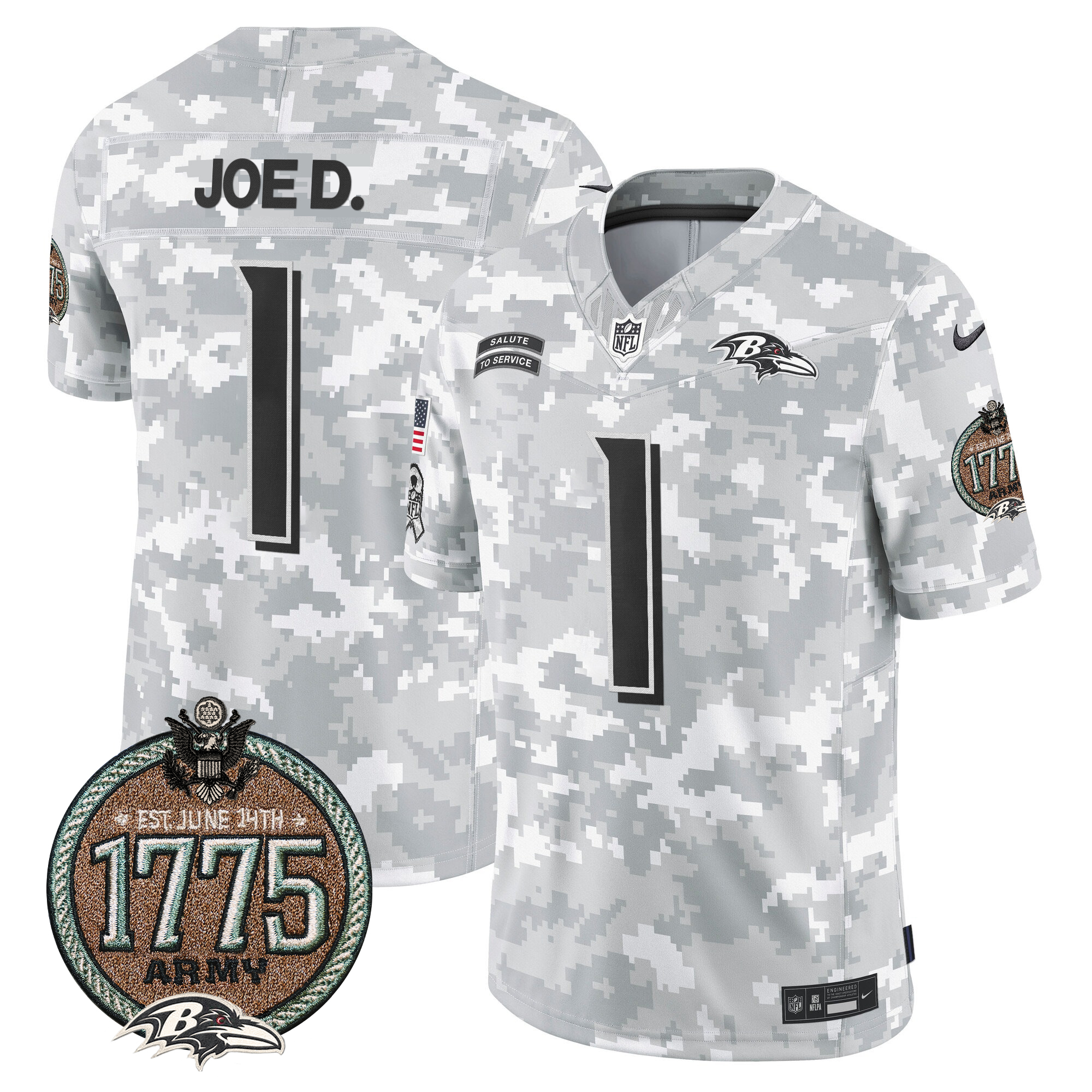 Joe D Men's Baltimore Ravens 2024 Salute to Service Establishment Year Patch Vapor Limited Army Jersey - All Stitched
