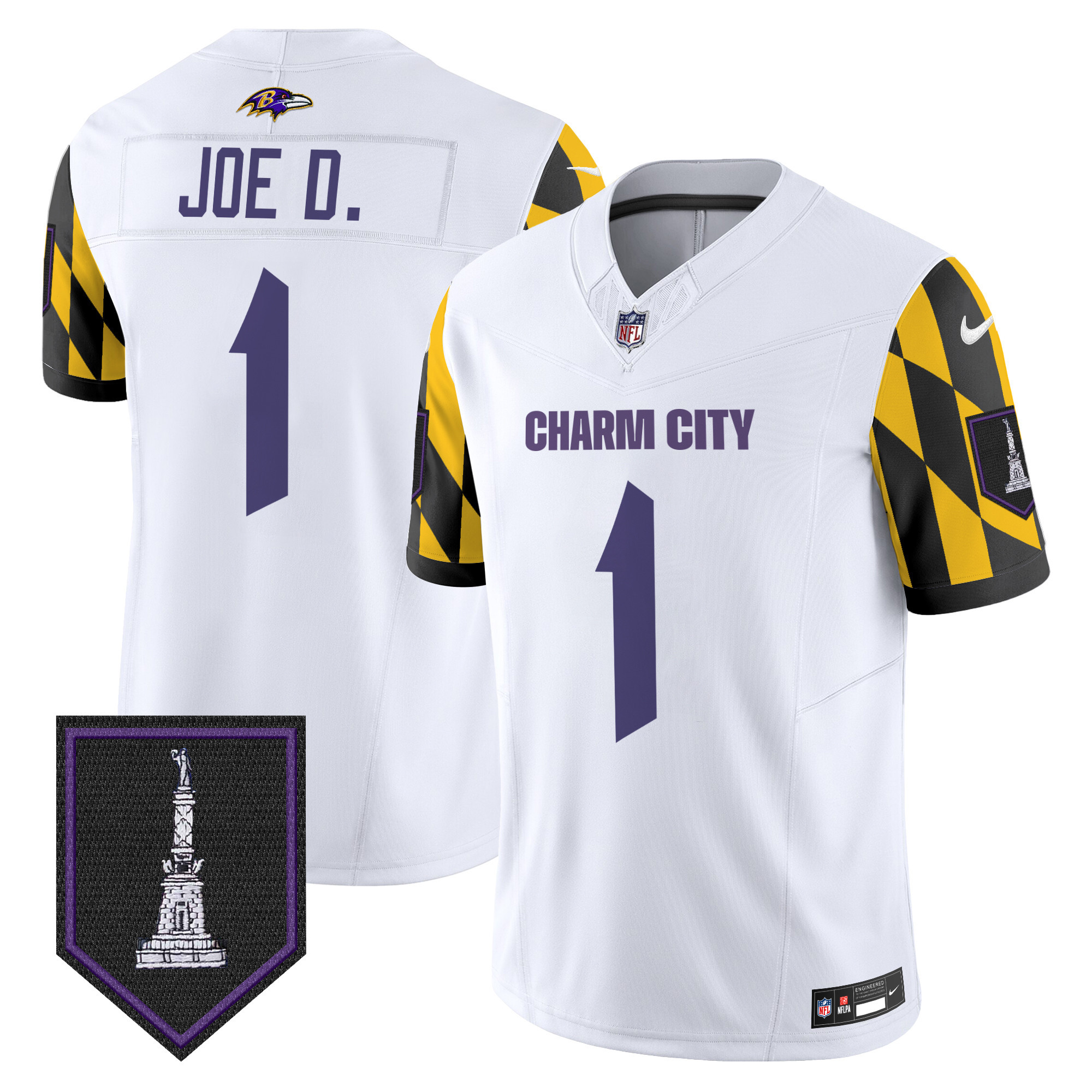 Joe D Men's Baltimore Ravens City Edition Patch Vapor Limited White Jersey - All Stitched