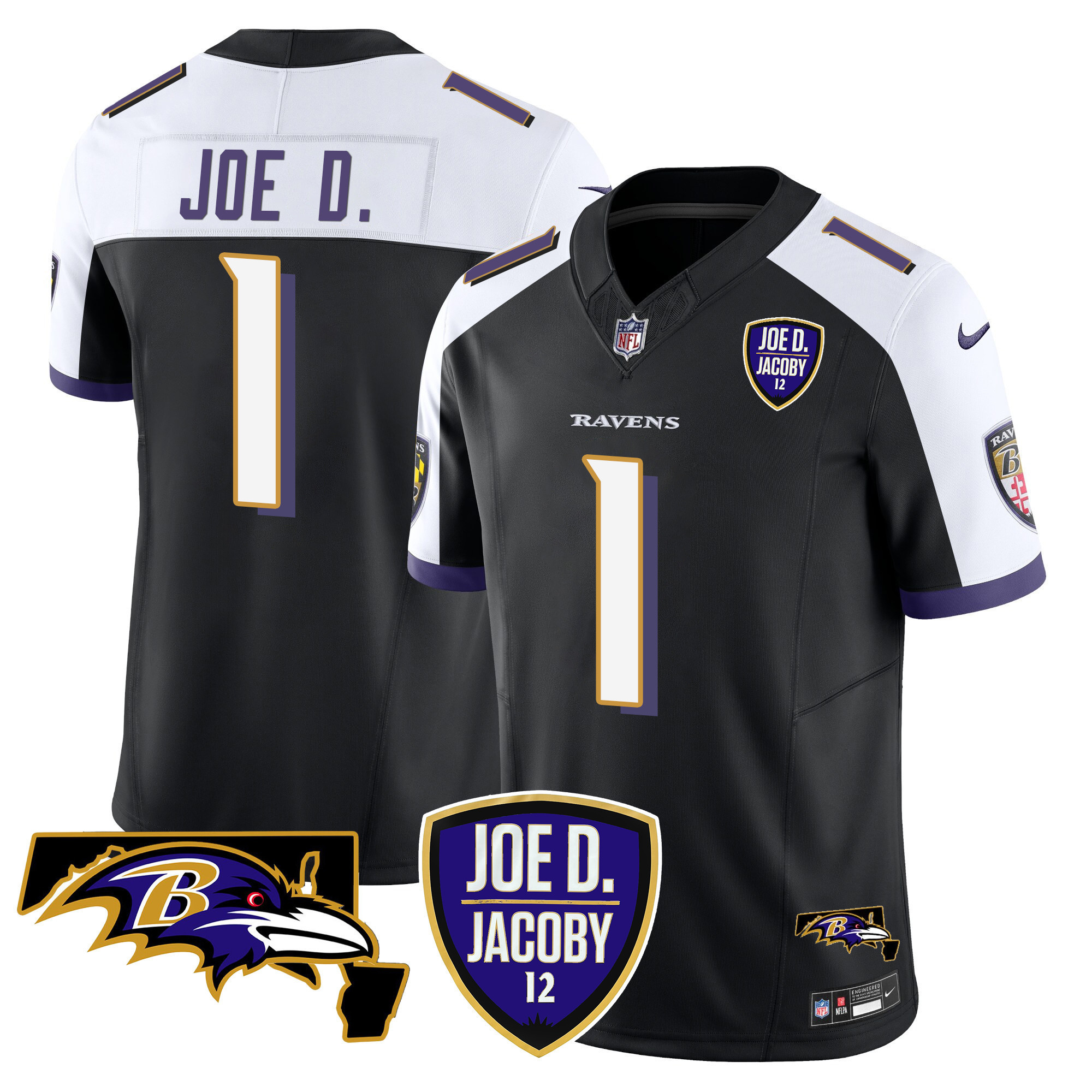 Joe D Men's Baltimore Ravens Joe D & Jacoby Patch Vapor Limited Black Alternate Jersey - All Stitched