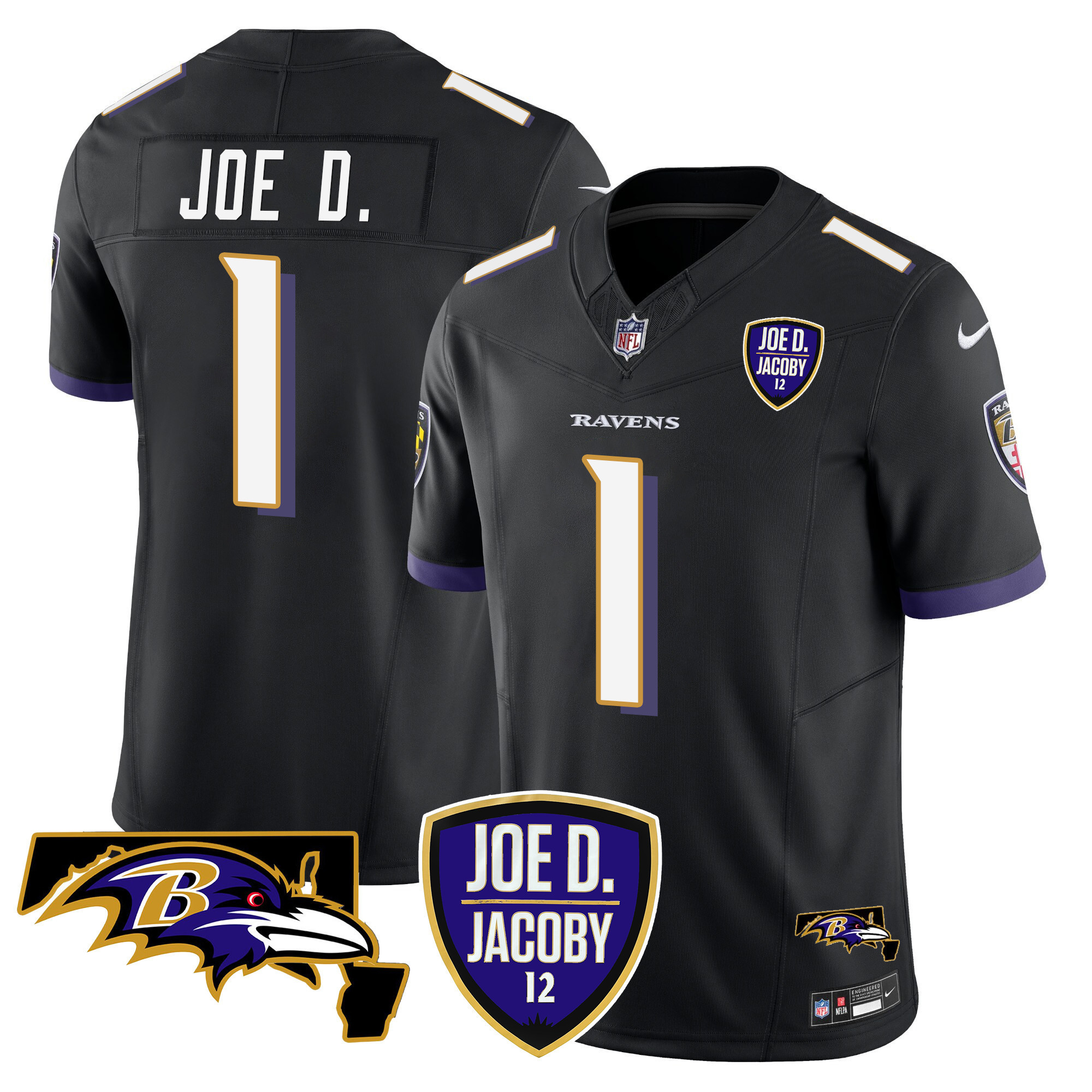 Joe D Men's Baltimore Ravens Joe D & Jacoby Patch Vapor Limited Black Jersey - All Stitched