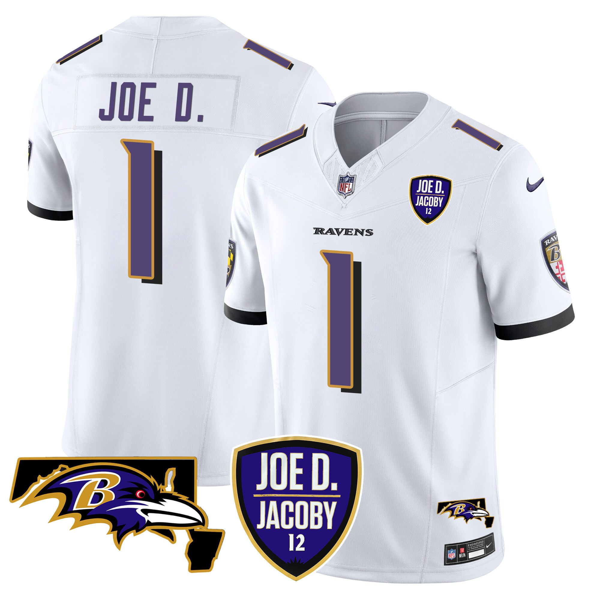 Joe D Men's Baltimore Ravens Joe D & Jacoby Patch Vapor Limited White Jersey - All Stitched