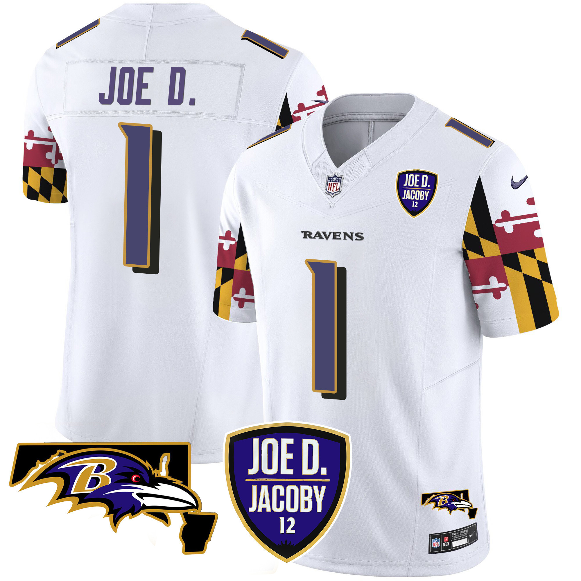 Joe D Men's Baltimore Ravens Joe D & Jacoby Patch Vapor Limited White Jersey - All Stitched