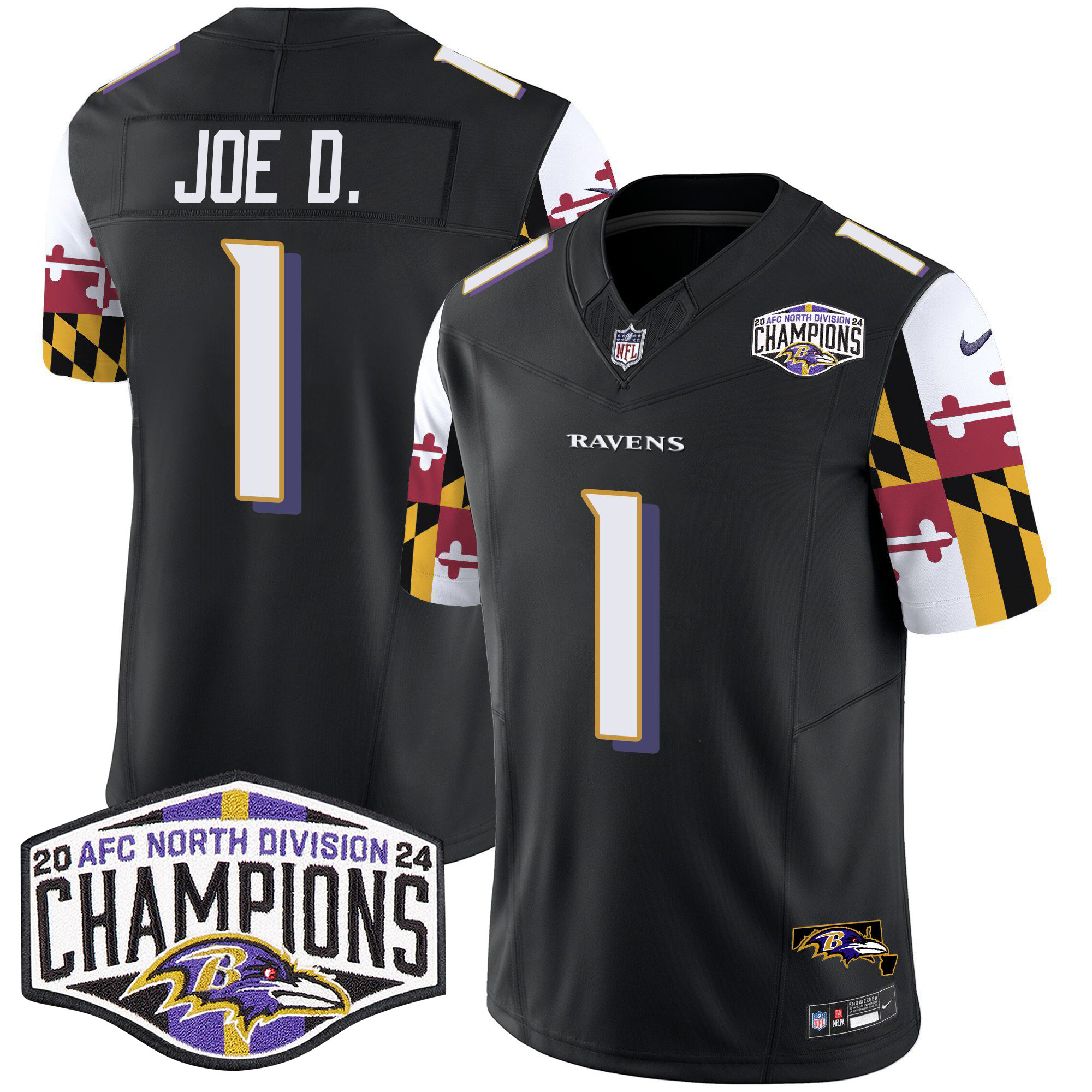 Joe D Men's Baltimore Ravens Maryland Flag 2024 AFC North Division Champions Patch Vapor Limited Black Jersey - All Stitched
