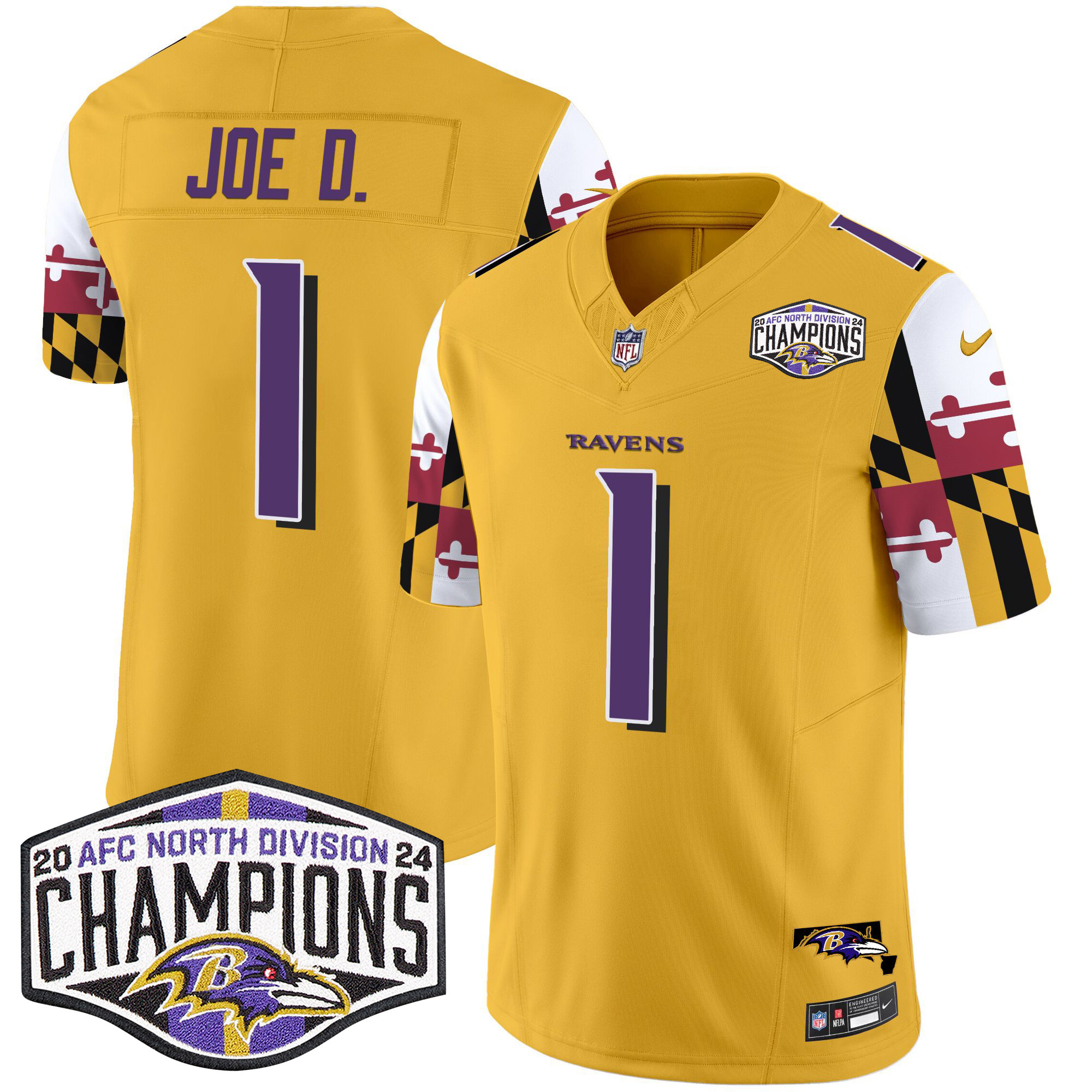 Joe D Men's Baltimore Ravens Maryland Flag 2024 AFC North Division Champions Patch Vapor Limited Gold Jersey - All Stitched