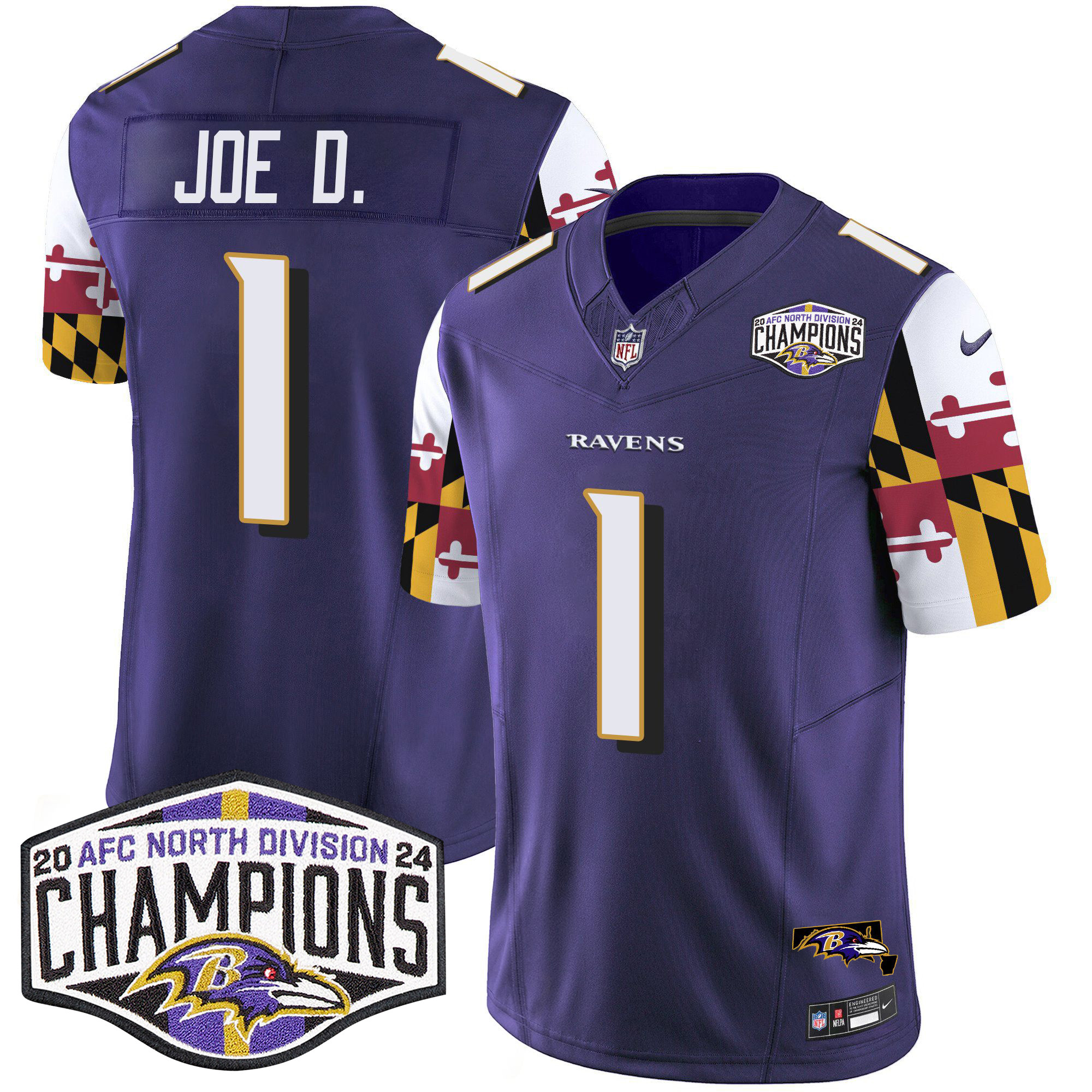 Joe D Men's Baltimore Ravens Maryland Flag 2024 AFC North Division Champions Patch Vapor Limited Purple Jersey - All Stitched