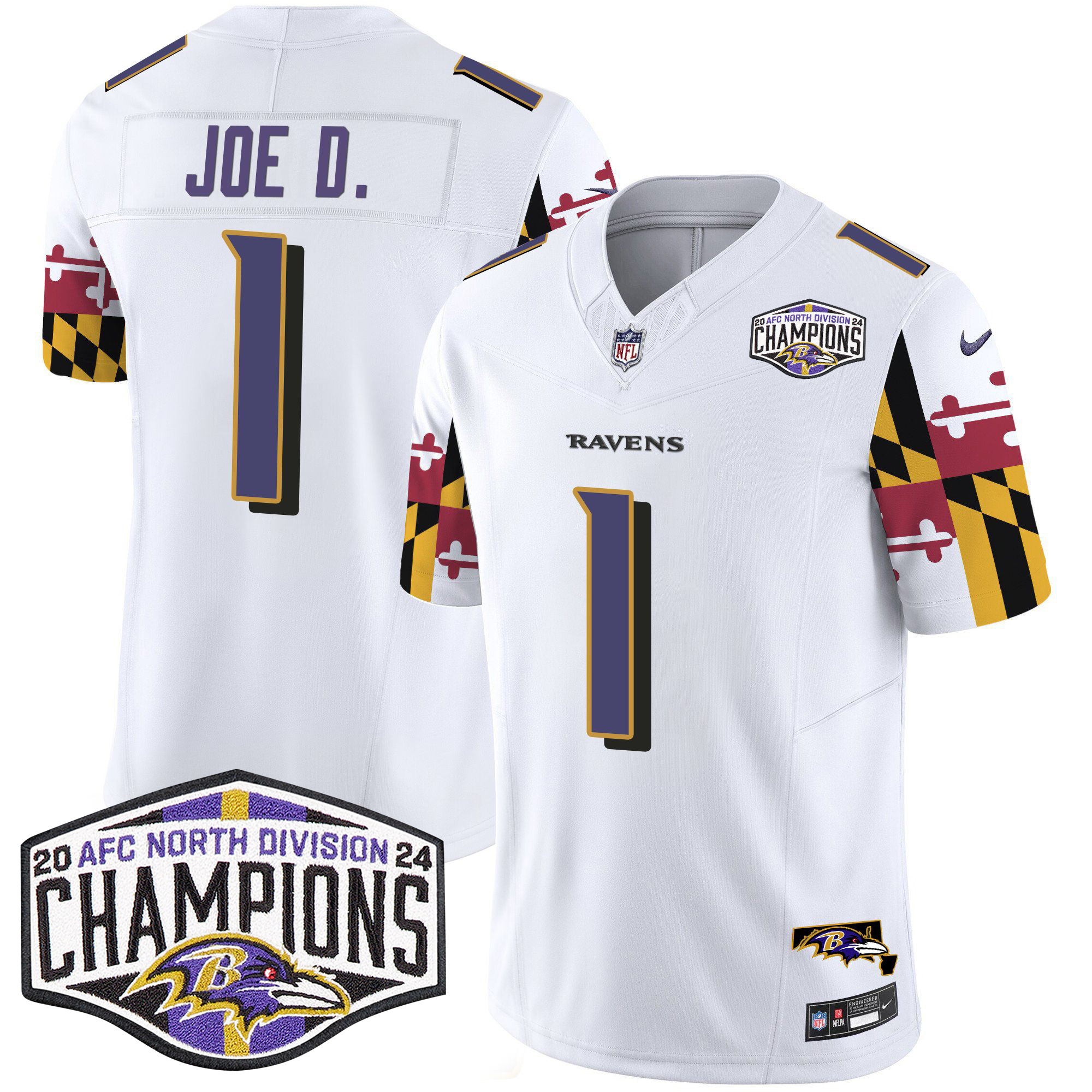 Joe D Men's Baltimore Ravens Maryland Flag 2024 AFC North Division Champions Patch Vapor Limited White Jersey - All Stitched