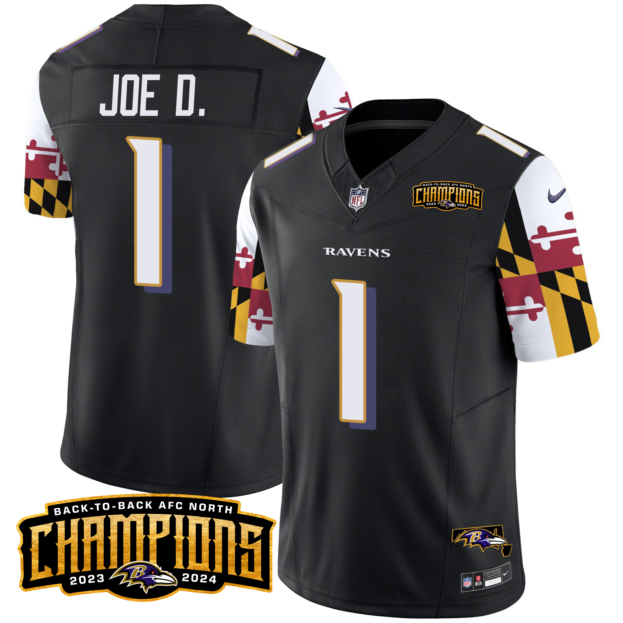 Joe D Men's Baltimore Ravens Maryland Flag Back To Back AFC North Champions Patch Vapor Limited Black Jersey - All Stitched