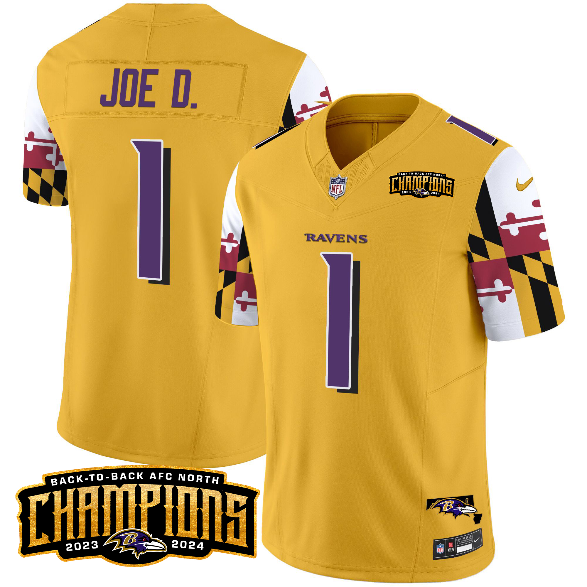 Joe D Men's Baltimore Ravens Maryland Flag Back To Back AFC North Champions Patch Vapor Limited Gold Jersey - All Stitched