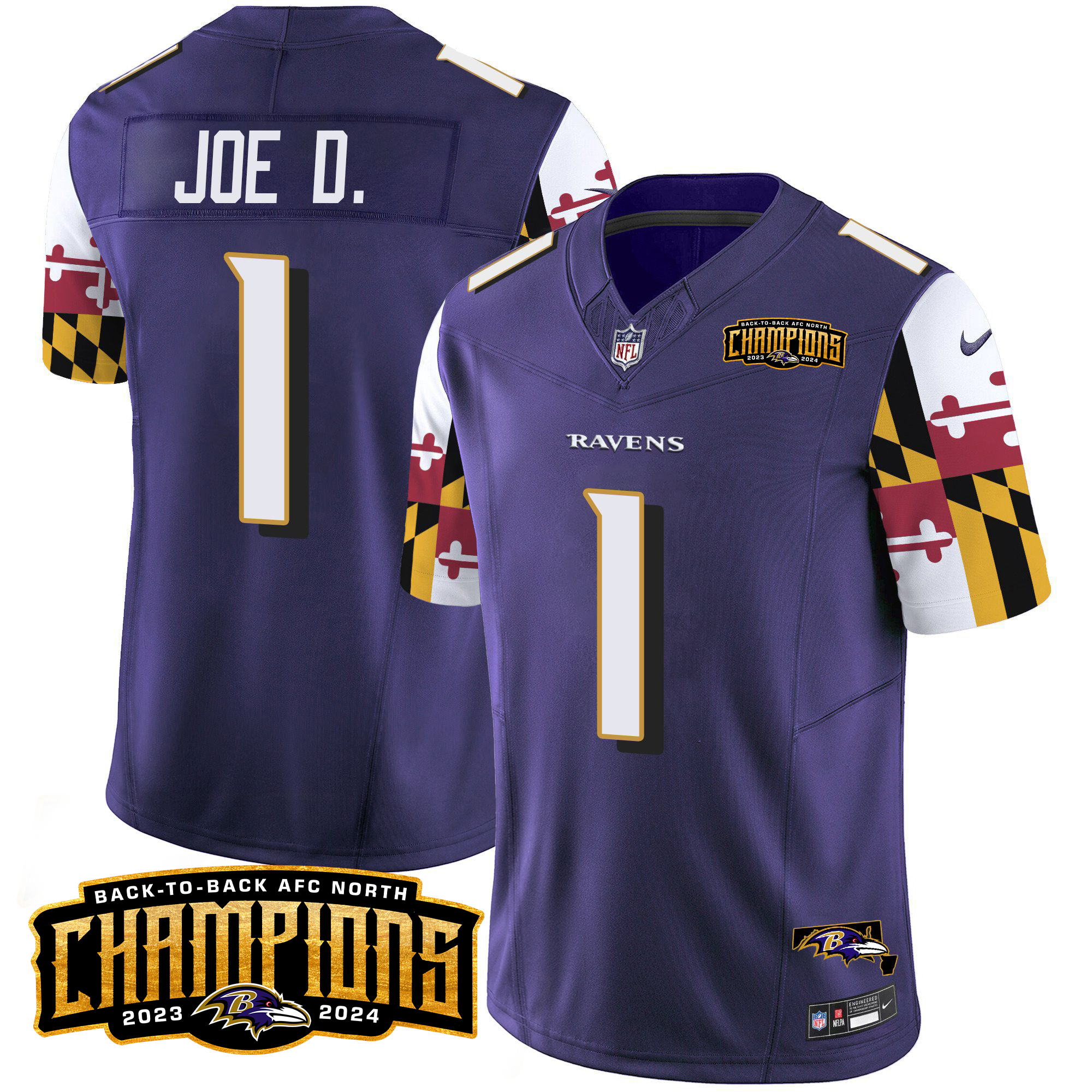 Joe D Men's Baltimore Ravens Maryland Flag Back To Back AFC North Champions Patch Vapor Limited Purple Jersey - All Stitched