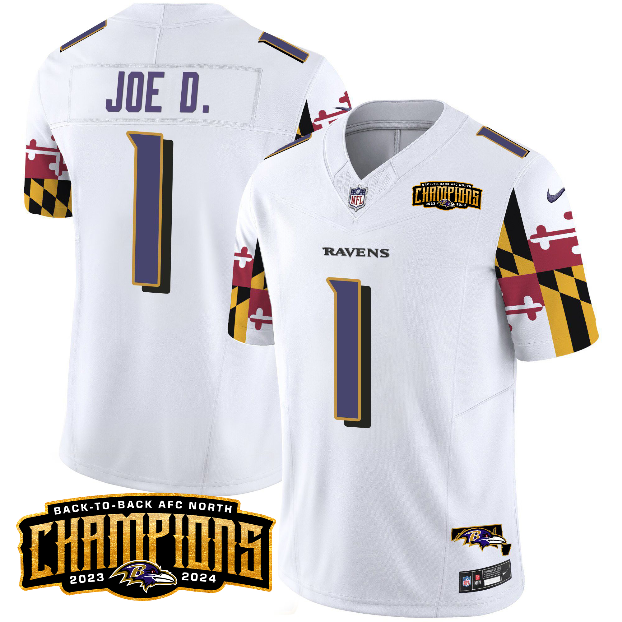Joe D Men's Baltimore Ravens Maryland Flag Back To Back AFC North Champions Patch Vapor Limited White Jersey - All Stitched