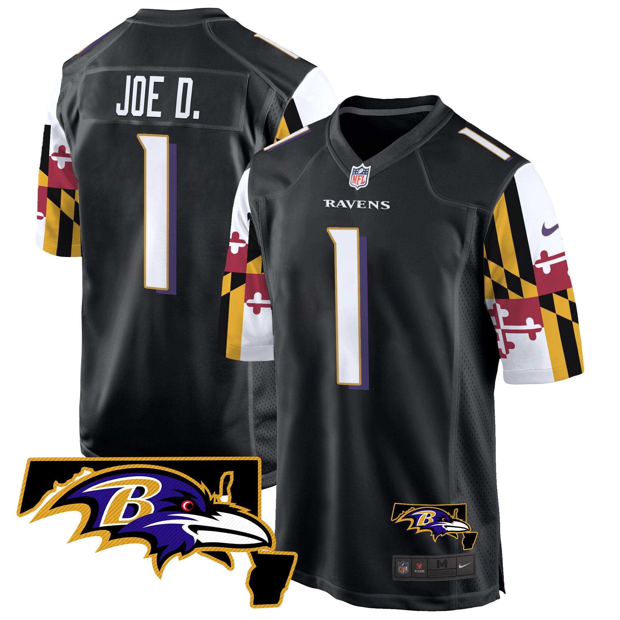 Joe D Men's Baltimore Ravens Maryland Flag Game Black Jersey - All Stitched