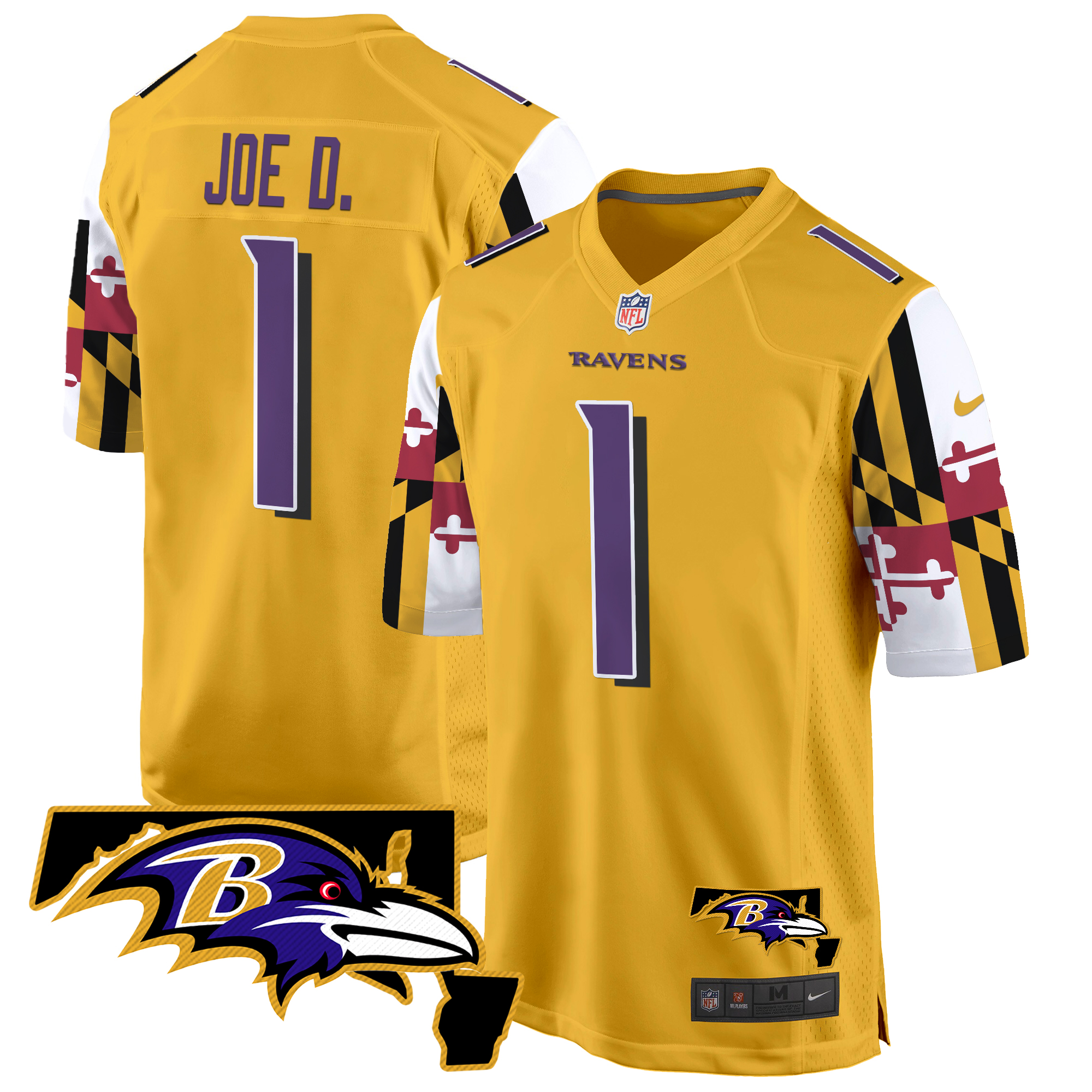 Joe D Men's Baltimore Ravens Maryland Flag Game Gold Jersey - All Stitched