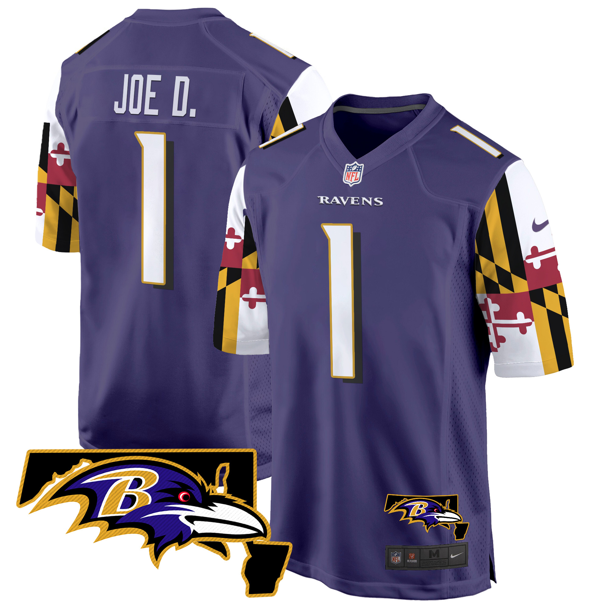 Joe D Men's Baltimore Ravens Maryland Flag Game Purple Jersey - All Stitched