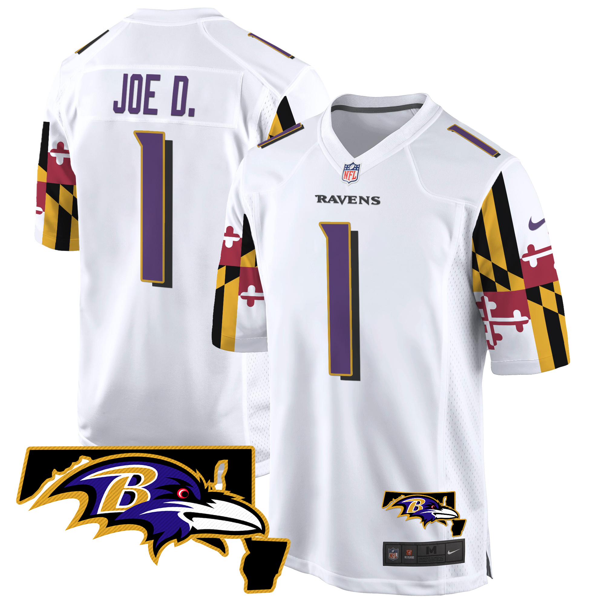 Joe D Men's Baltimore Ravens Maryland Flag Game White Jersey - All Stitched