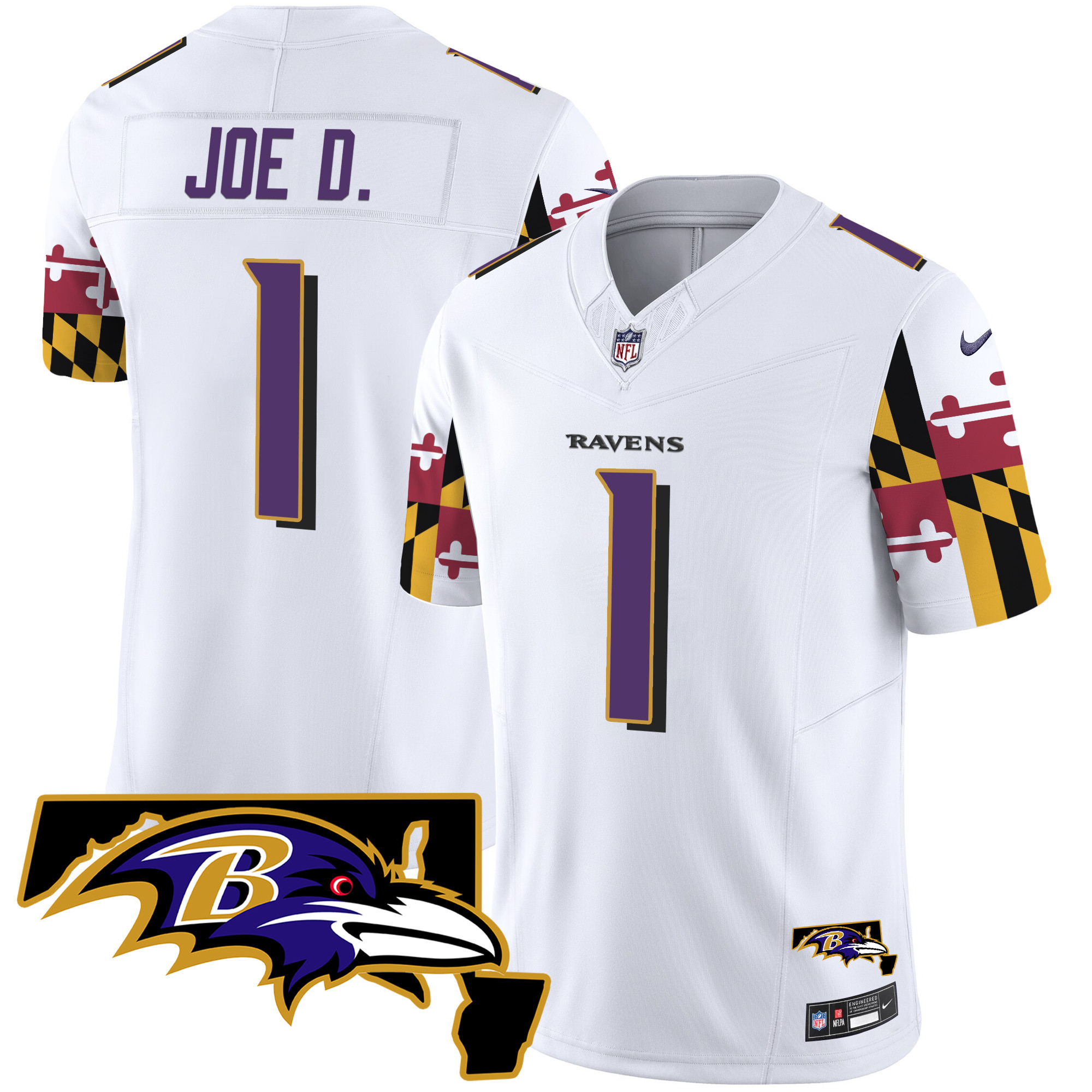 Joe D Men's Baltimore Ravens Maryland Flag Vapor Limited White Jersey - All Stitched