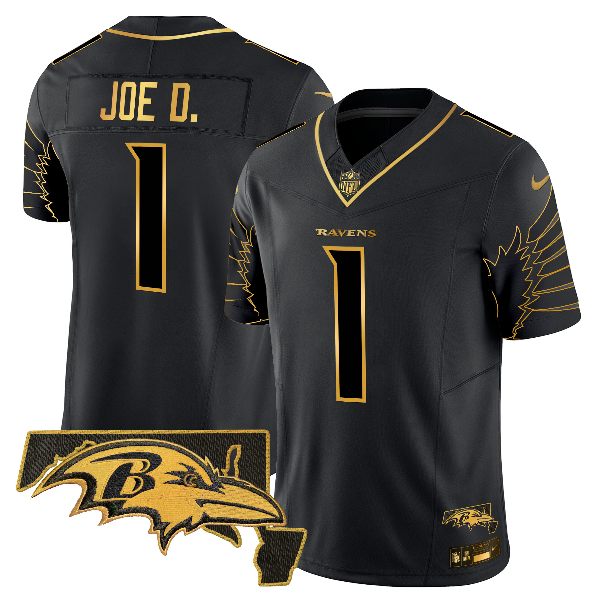 Joe D Men's Baltimore Ravens Maryland Patch Gold Vapor Limited Black Gold Jersey - All Stitched