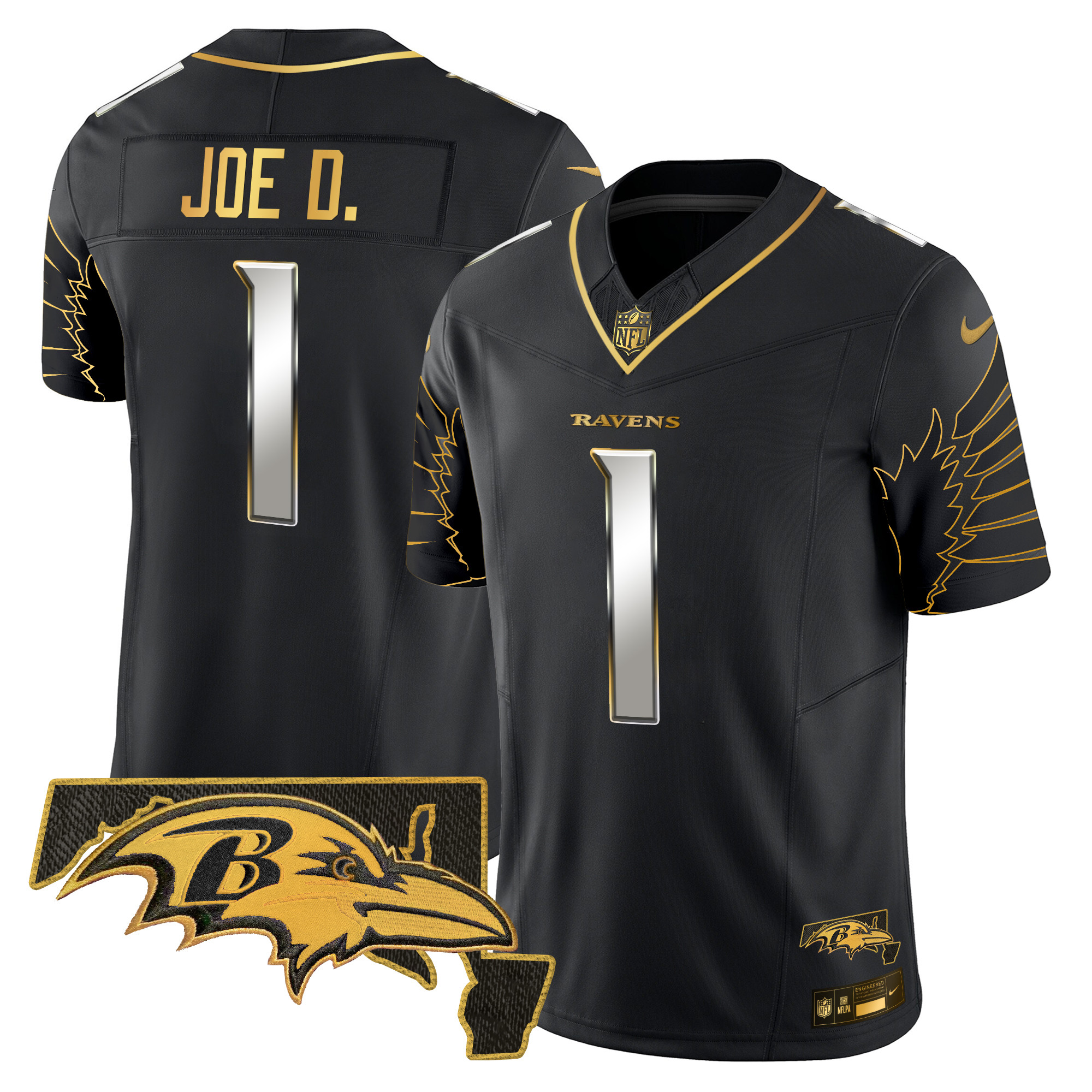 Joe D Men's Baltimore Ravens Maryland Patch Gold Vapor Limited Black Limited Jersey - All Stitched