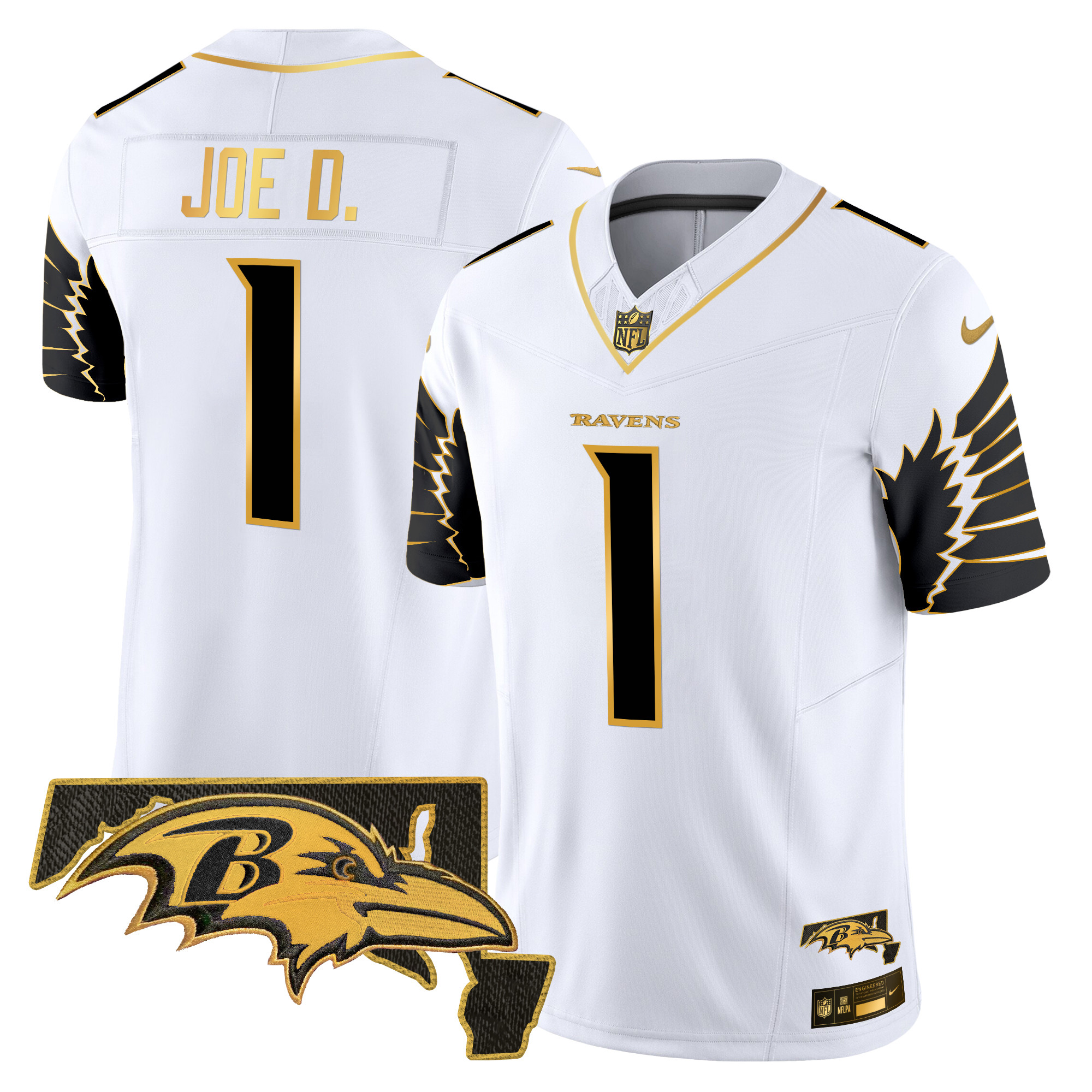 Joe D Men's Baltimore Ravens Maryland Patch Gold Vapor Limited White Gold Jersey - All Stitched