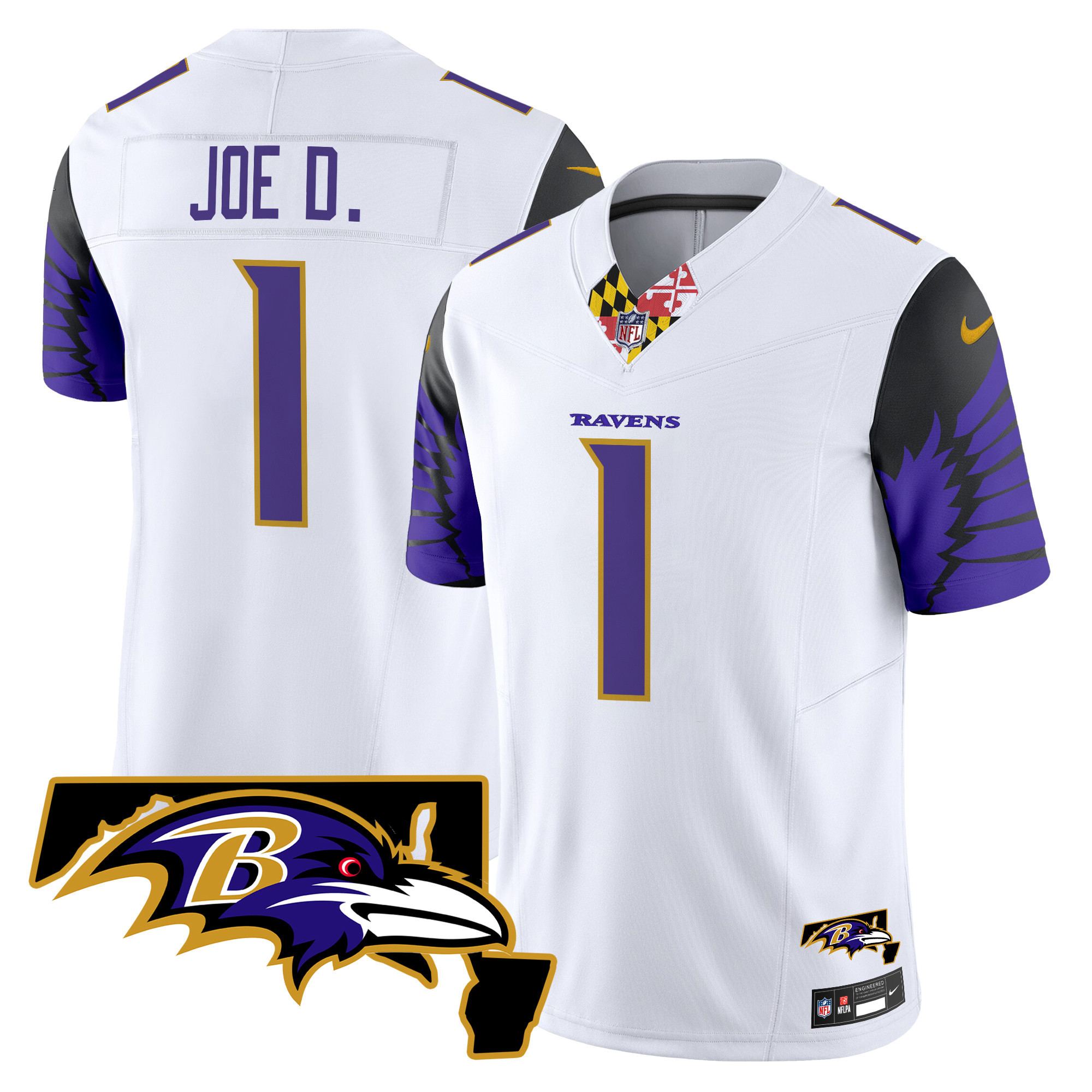 Joe D Men's Baltimore Ravens Maryland Patch Vapor Limited White Jersey - All Stitched