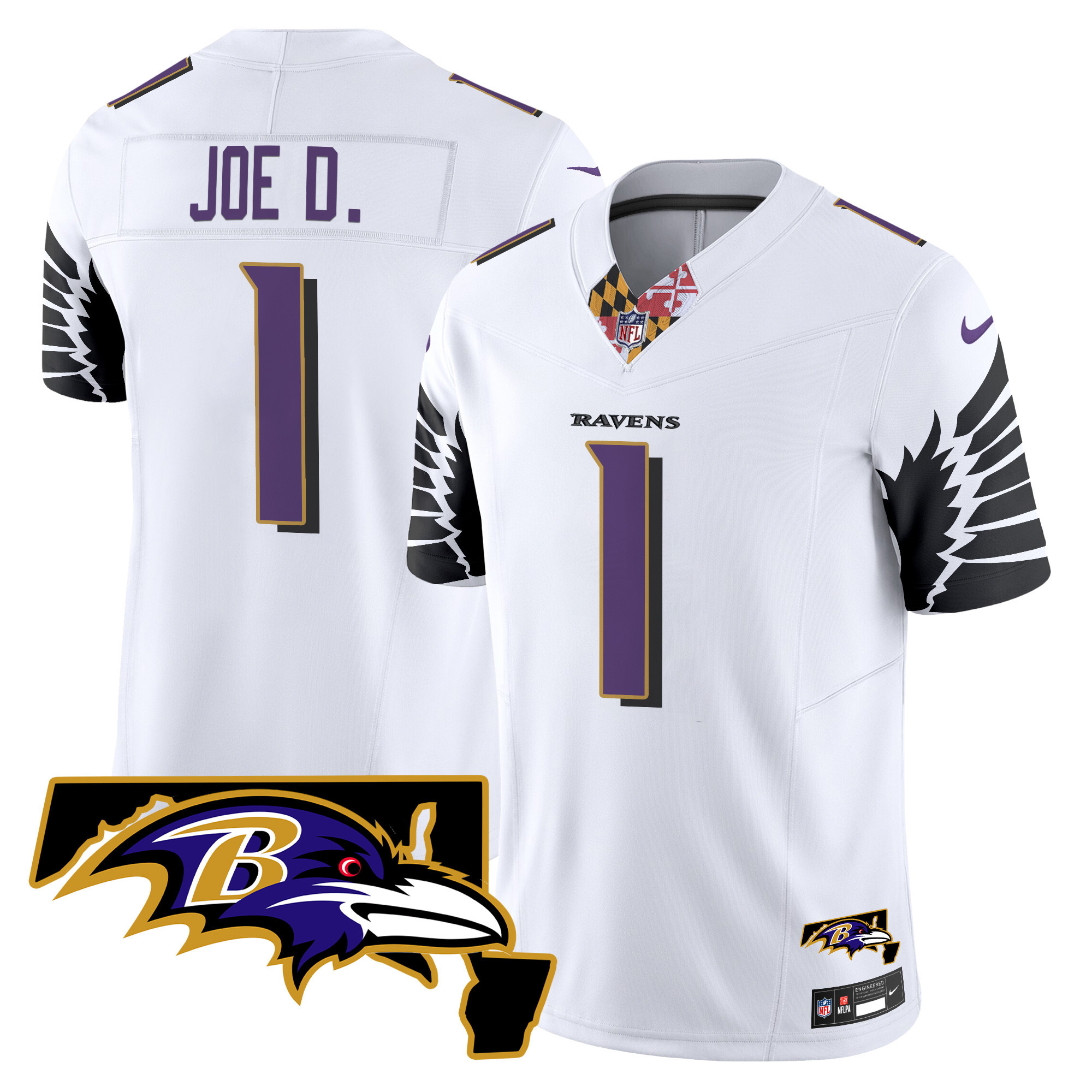 Joe D Men's Baltimore Ravens Maryland Patch Vapor Limited White Jersey - All Stitched