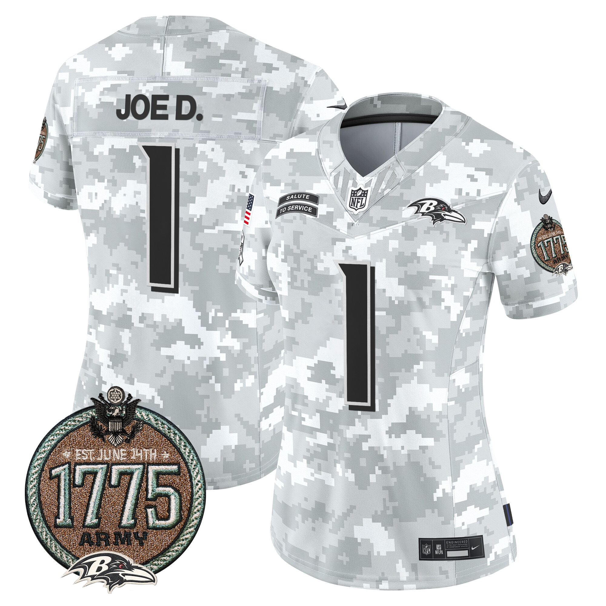 Joe D Women's Baltimore Ravens 2024 Salute to Service Establishment Year Patch Vapor Limited Army Jersey - All Stitched