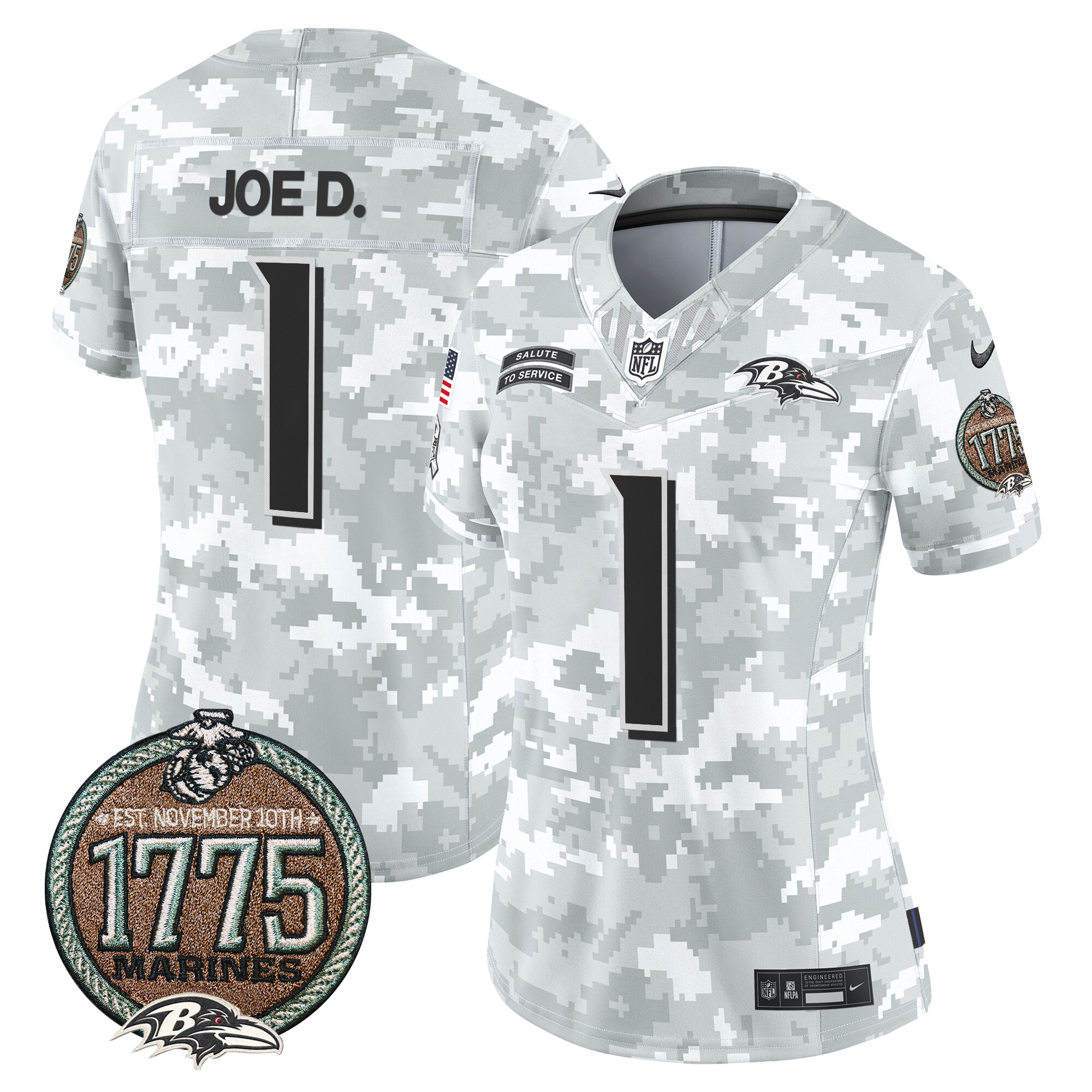 Joe D Women's Baltimore Ravens 2024 Salute to Service Establishment Year Patch Vapor Limited Marines Jersey - All Stitched