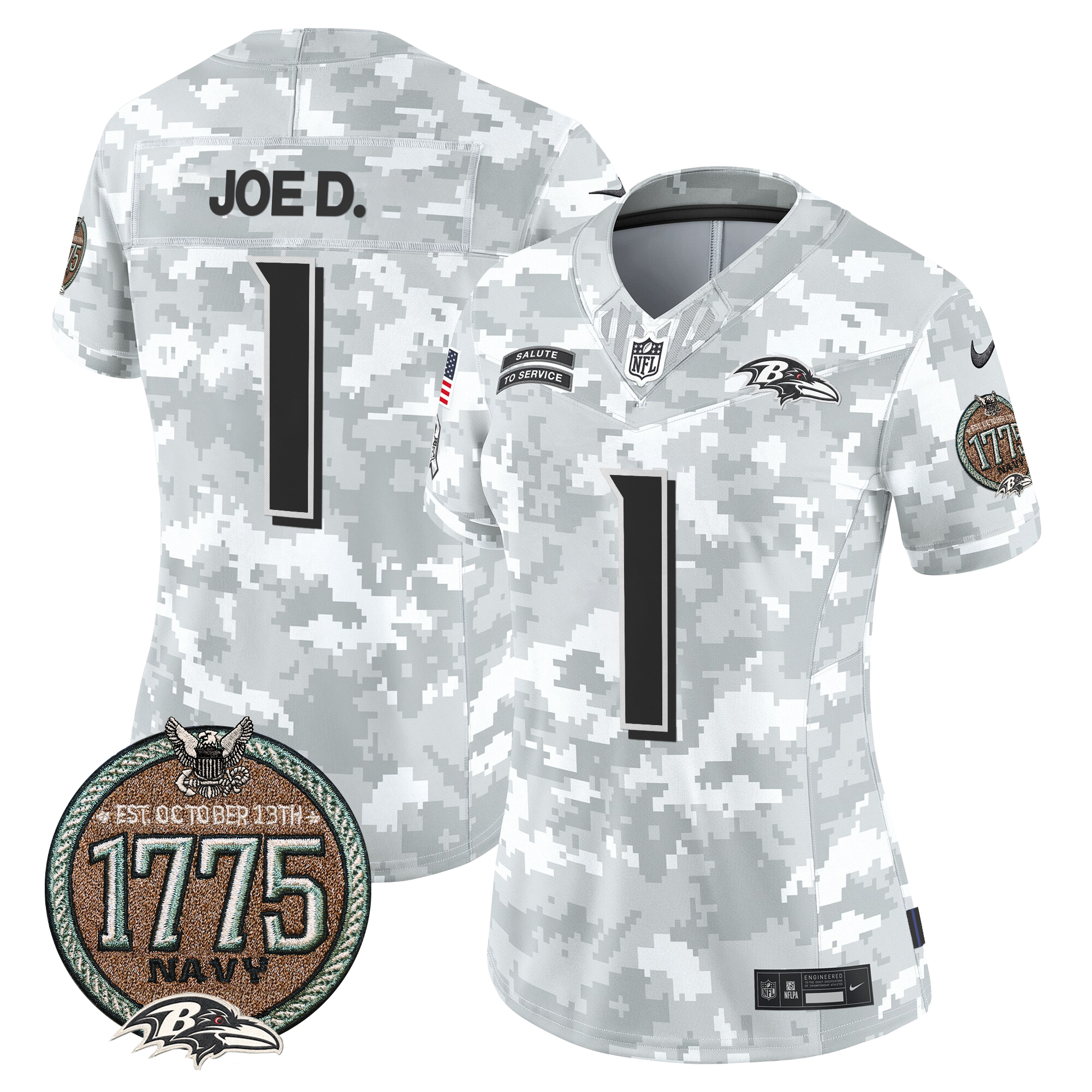 Joe D Women's Baltimore Ravens 2024 Salute to Service Establishment Year Patch Vapor Limited Navy Jersey - All Stitched