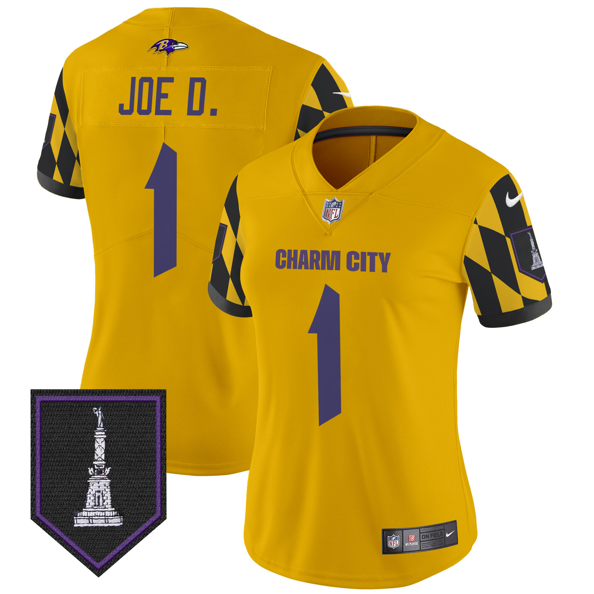 Joe D Women's Baltimore Ravens City Edition Patch Vapor Limited Gold Jersey - All Stitched